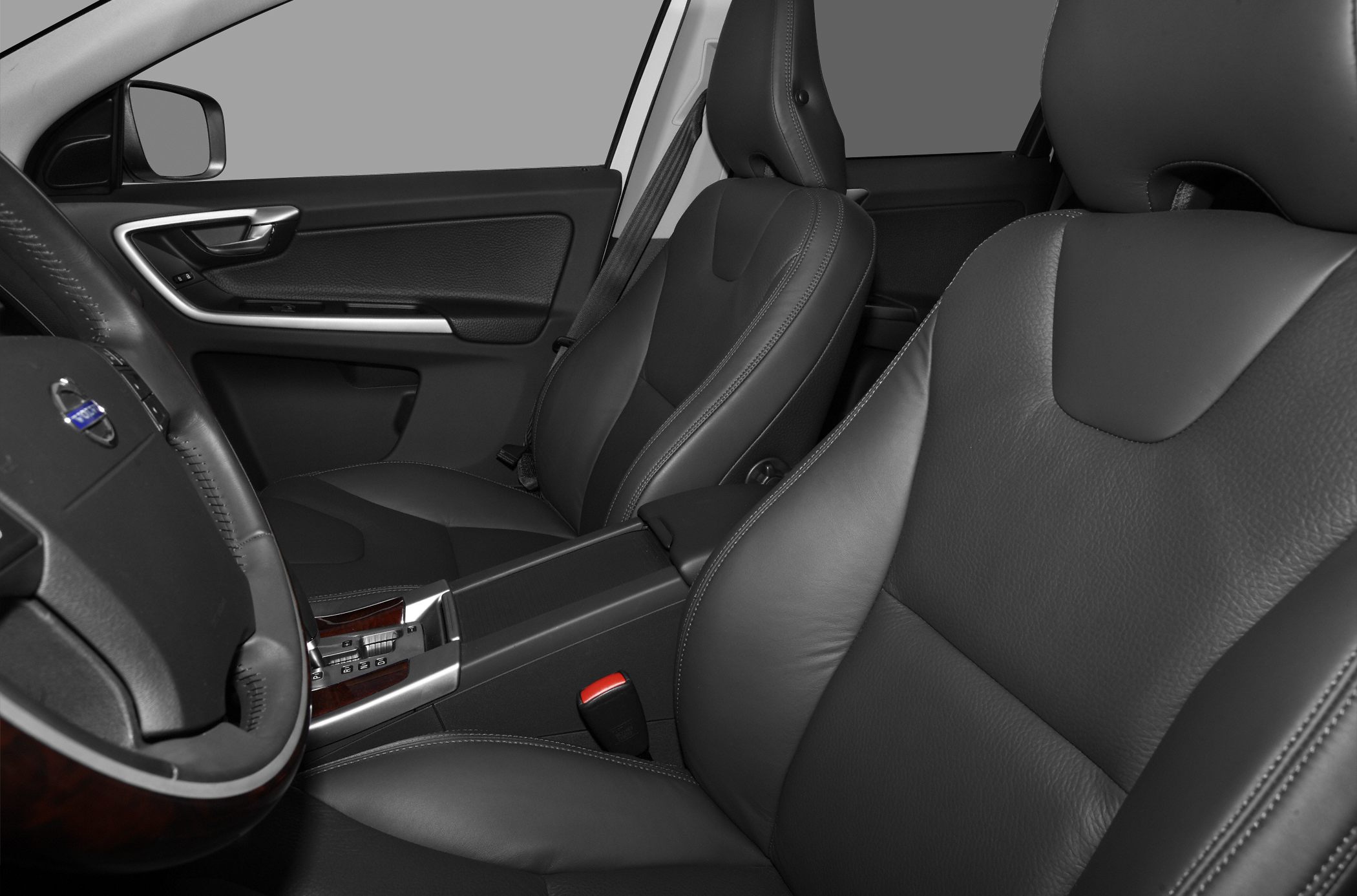 Close-up of front leather seats and interior details.