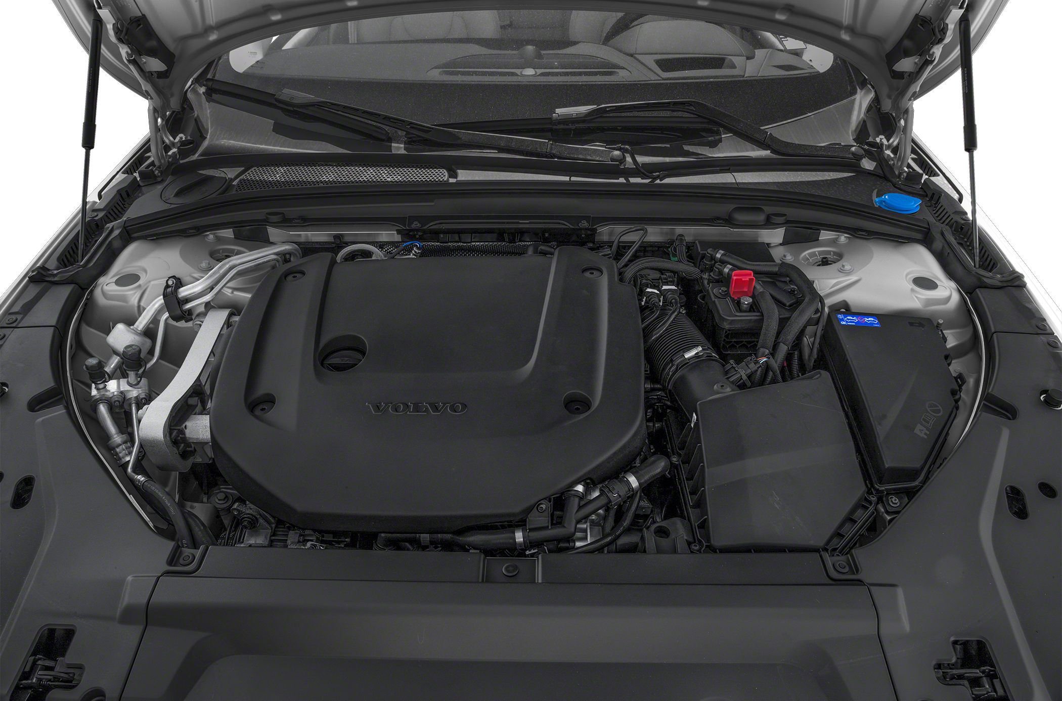 Engine bay with covered engine and various car components