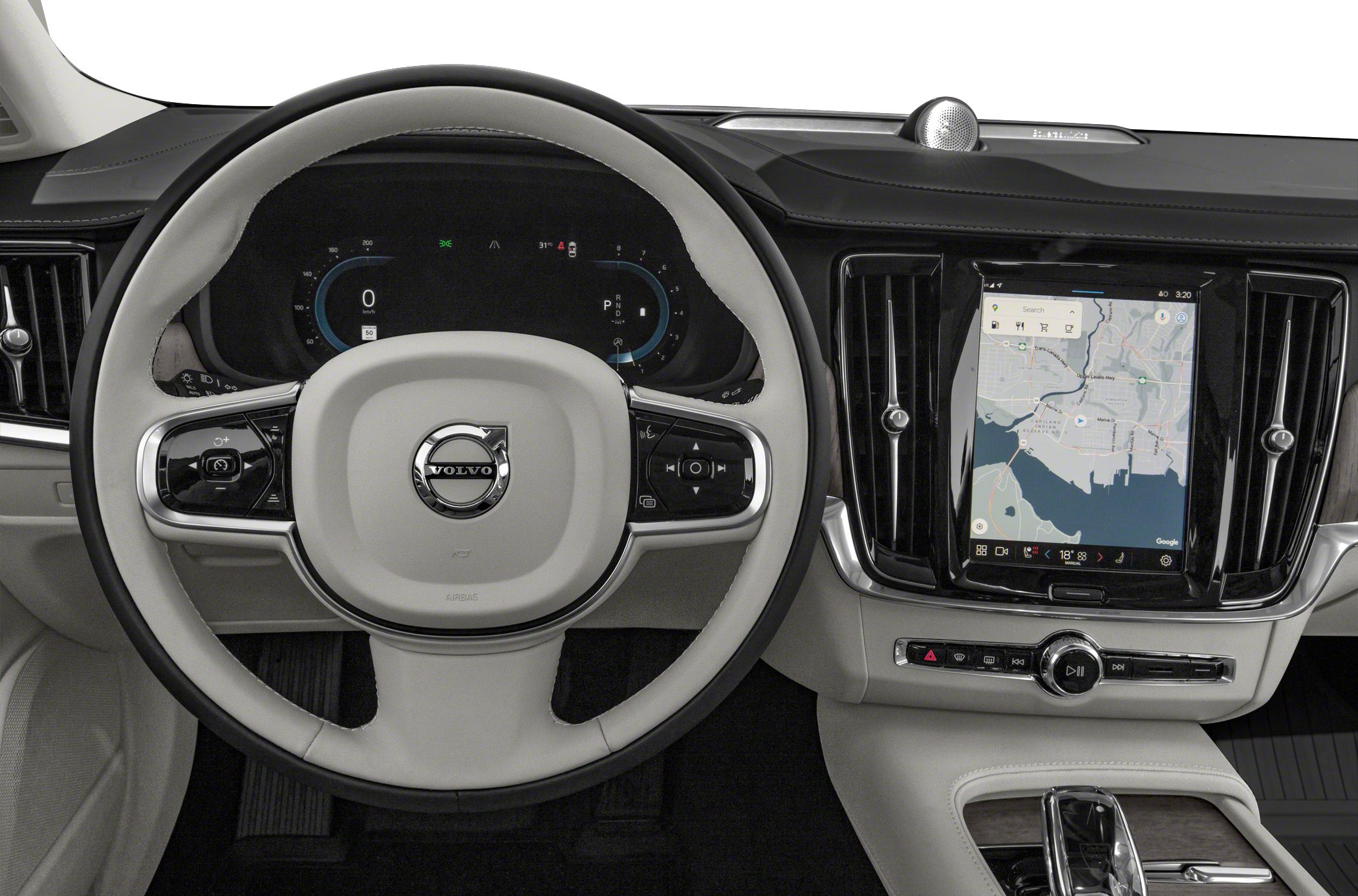 Steering wheel with Volvo logo and digital dashboard with central touchscreen navigation.