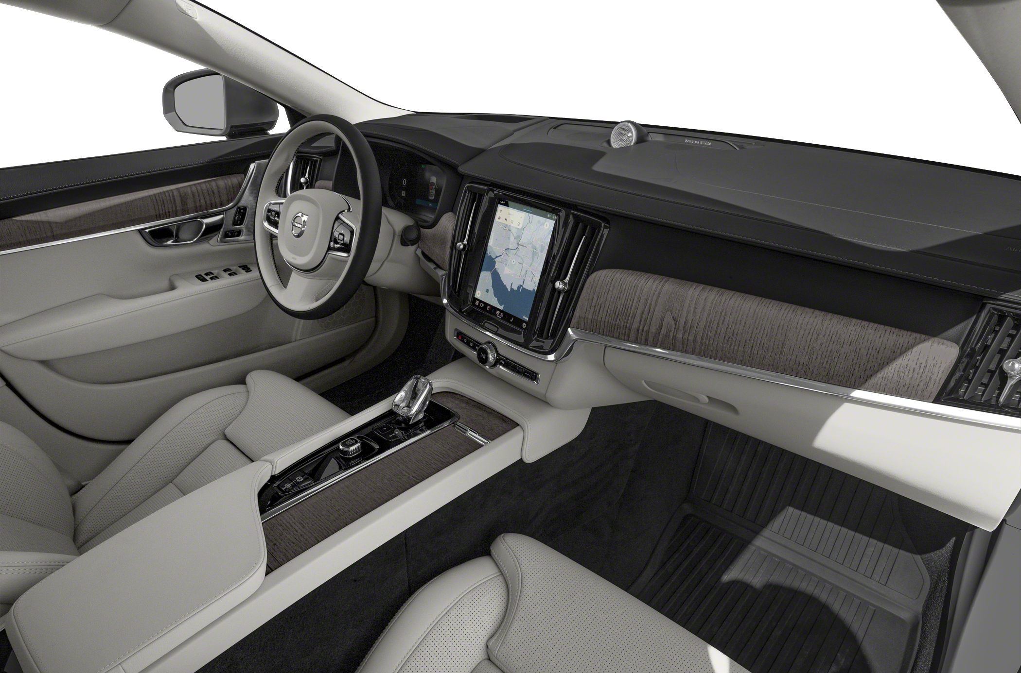 Digital touchscreen center console with premium wood trim and light-colored seating