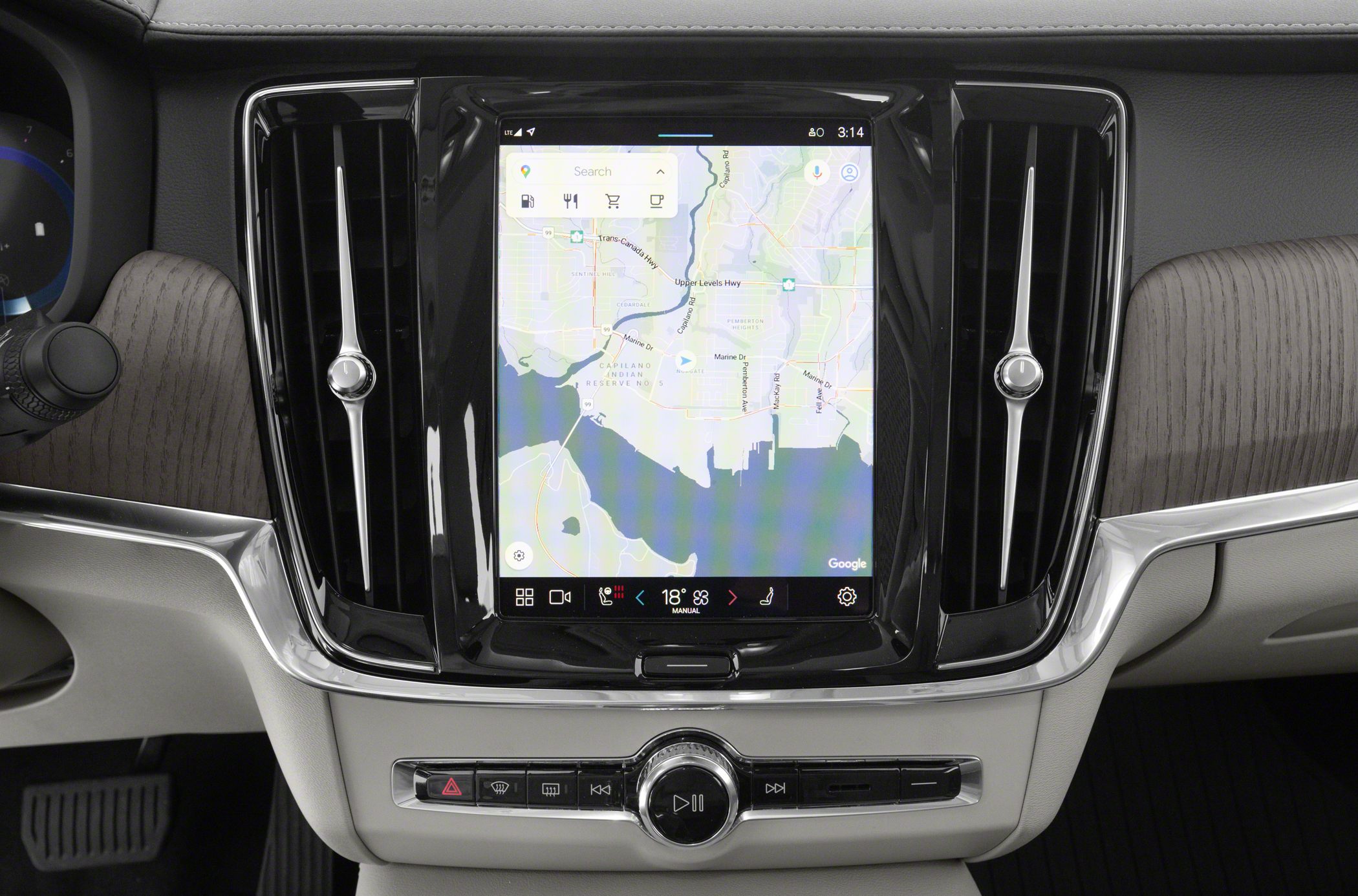 Infotainment touchscreen and dashboard air vents with control panel