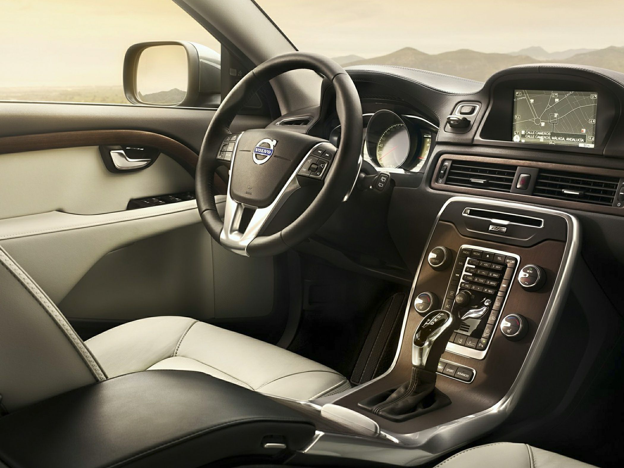 Leather steering wheel and dashboard with navigation display