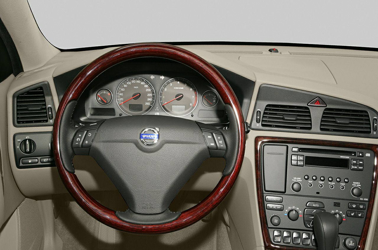 Wood-trimmed steering wheel and classic instrument cluster with central console controls