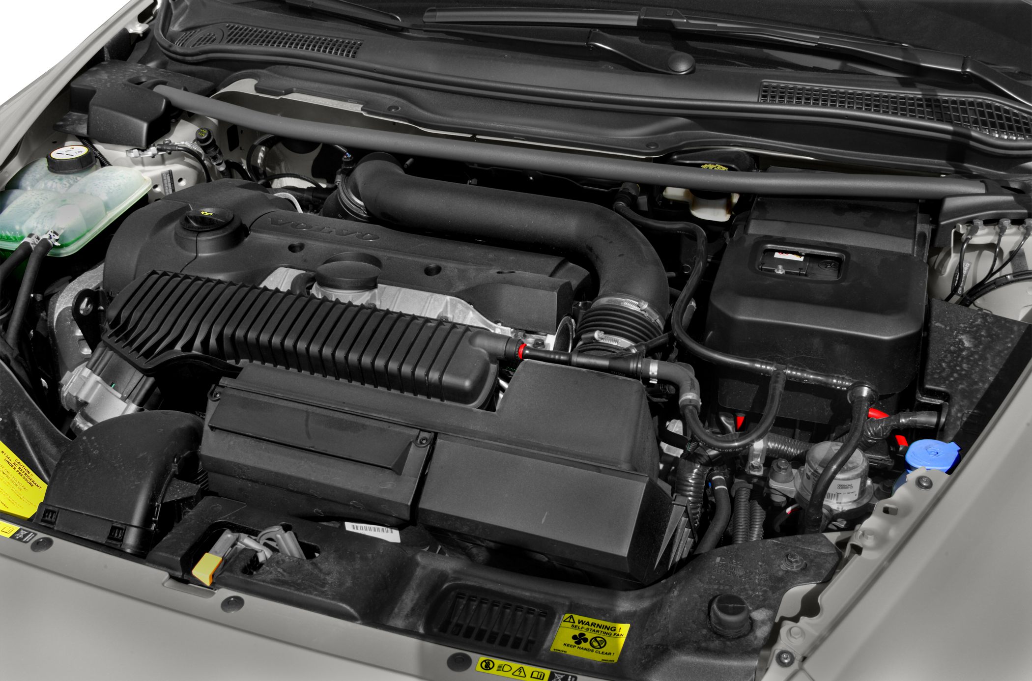 Detailed engine compartment with visible air intake and fluid reservoirs