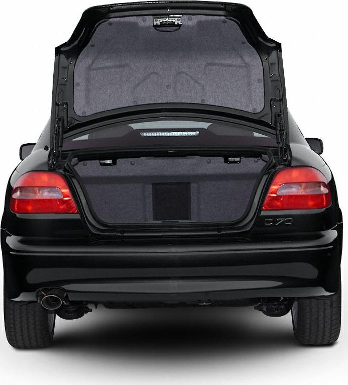 Rear view of a coupe with open trunk and visible tail lights