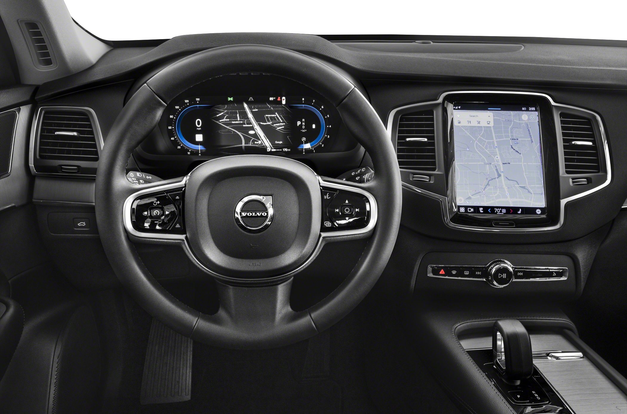 Digital instrument cluster and central touchscreen in car interior