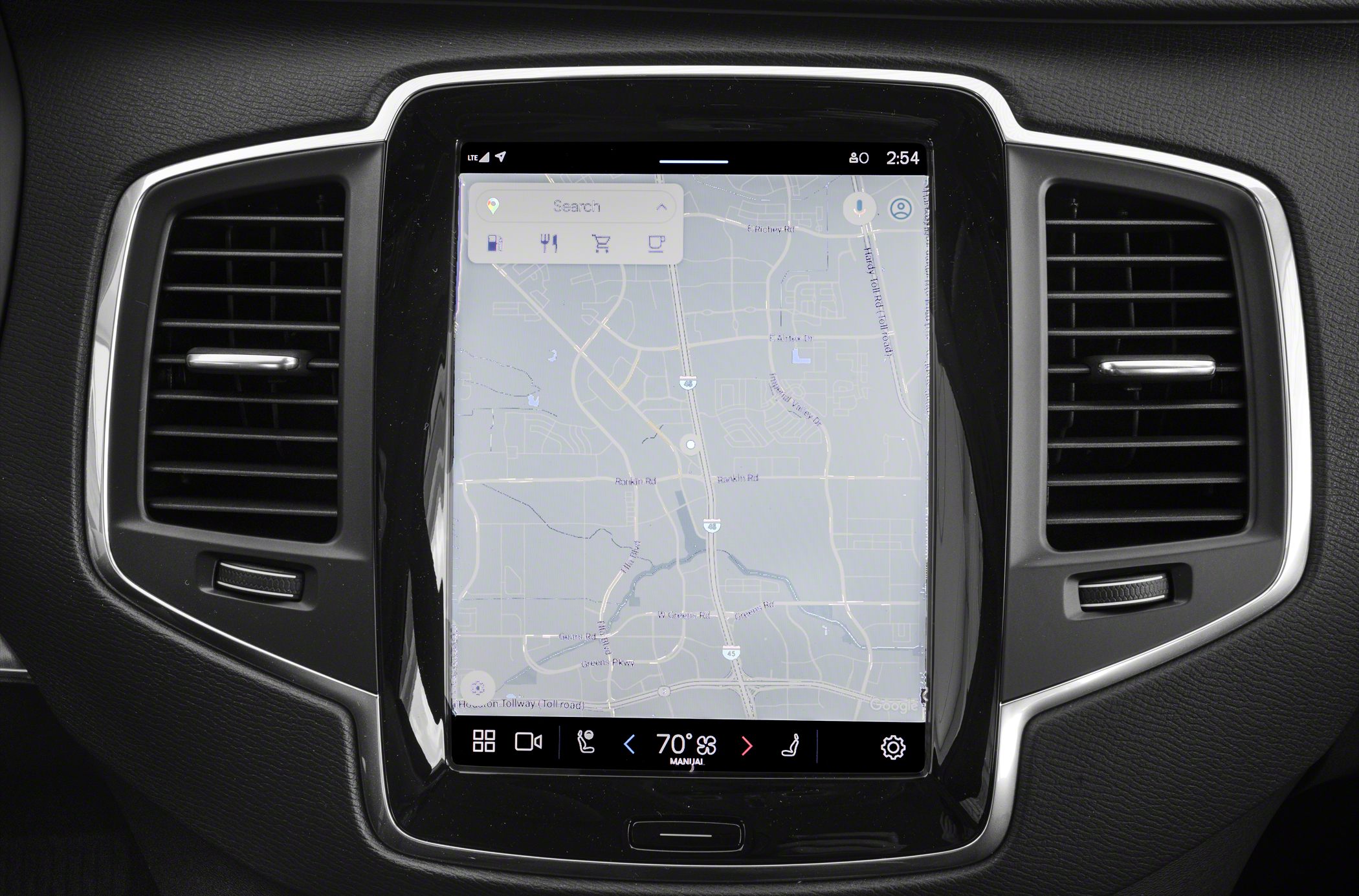 Infotainment touchscreen with navigation map and climate control interface