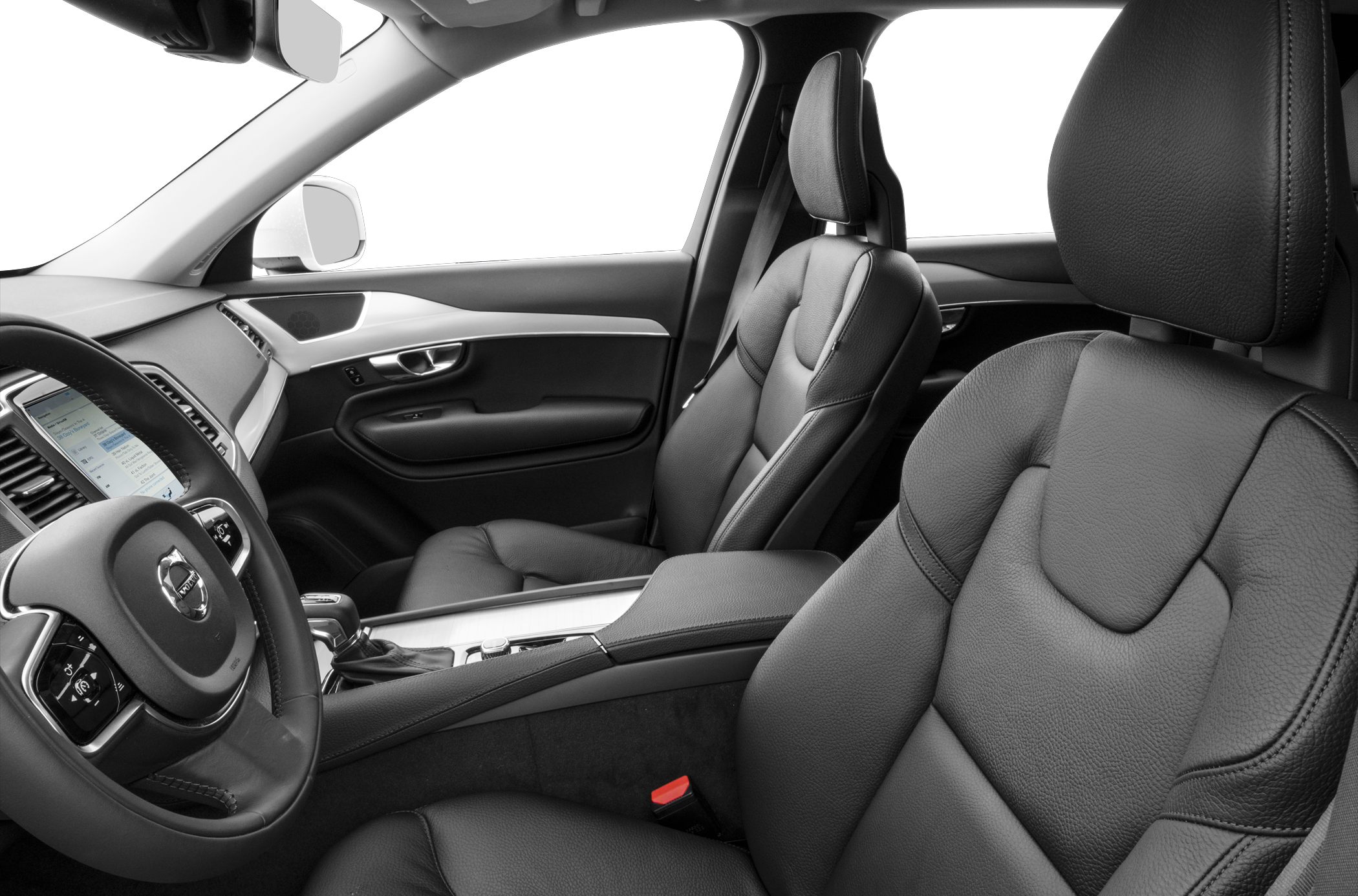 Premium black leather front seats with modern dashboard and steering wheel