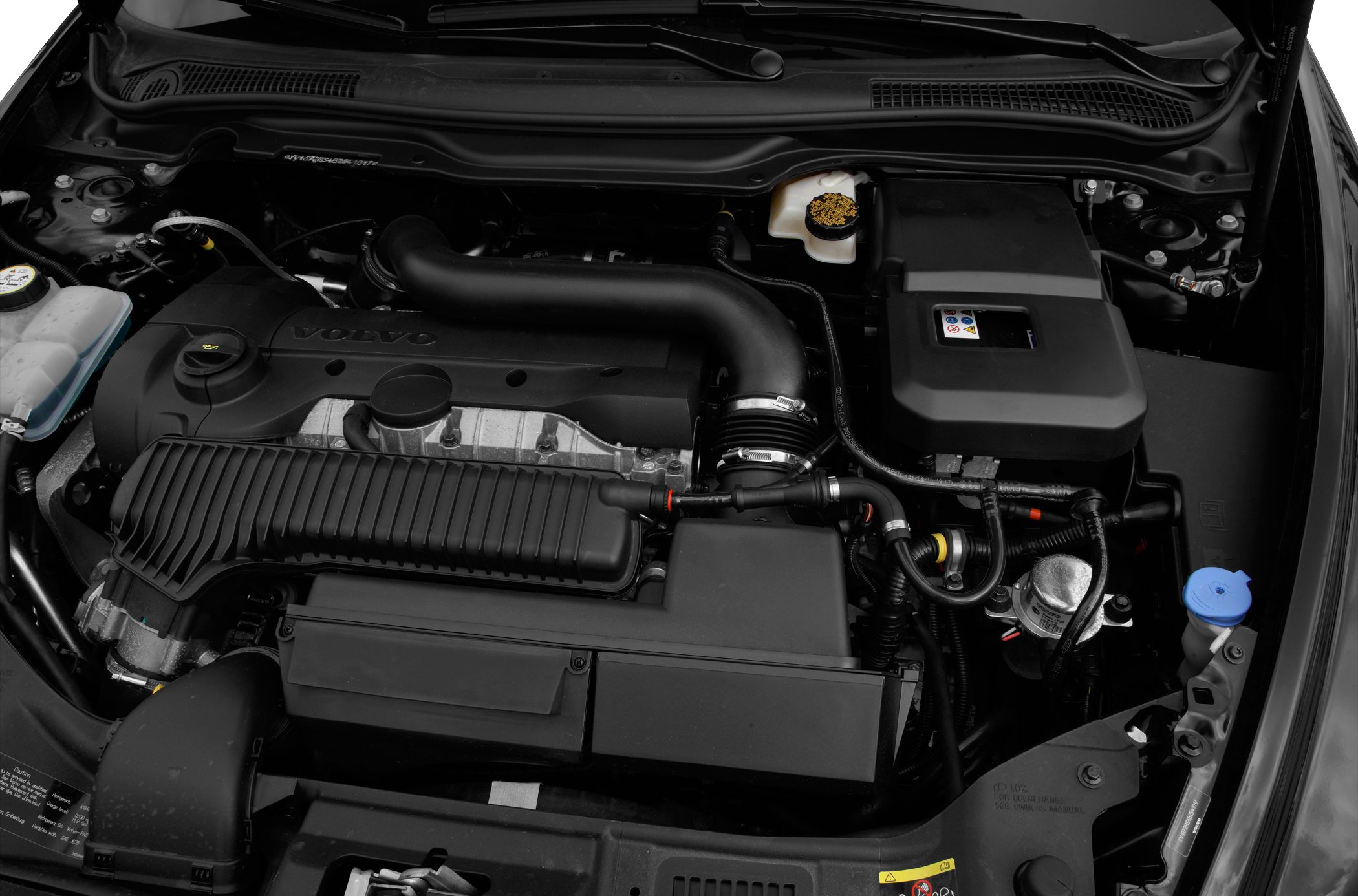 Engine bay with air intake and fluid reservoirs