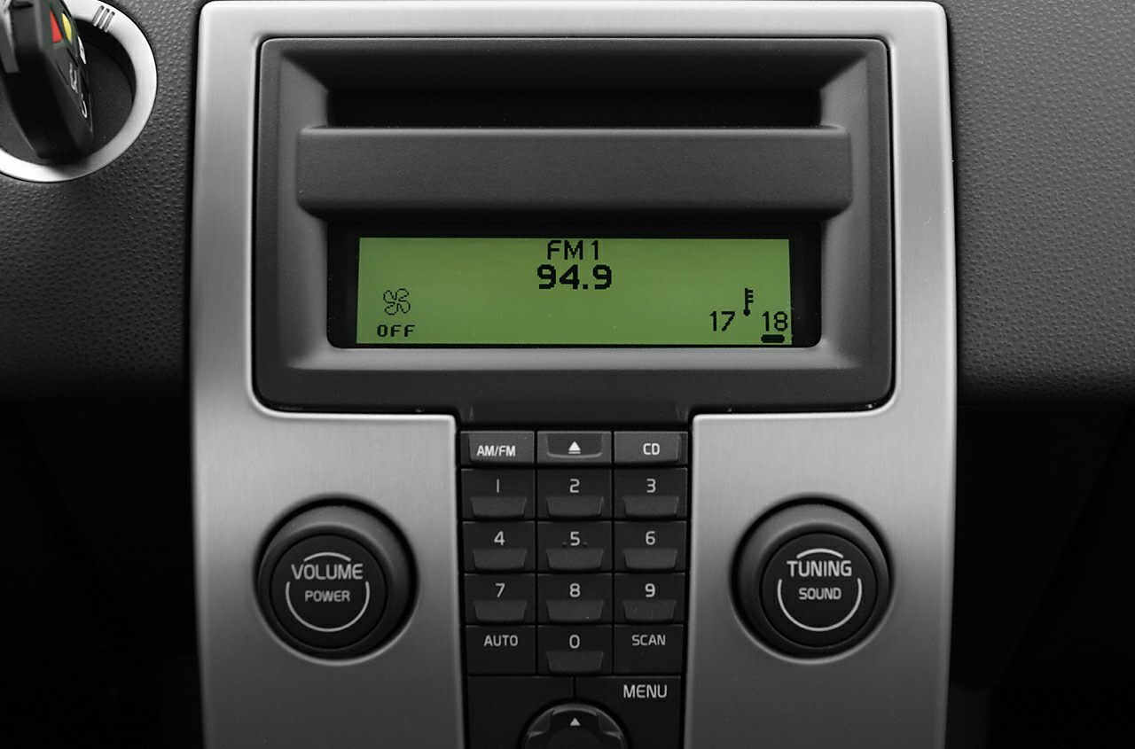 Car radio and climate control panel with display and control knobs