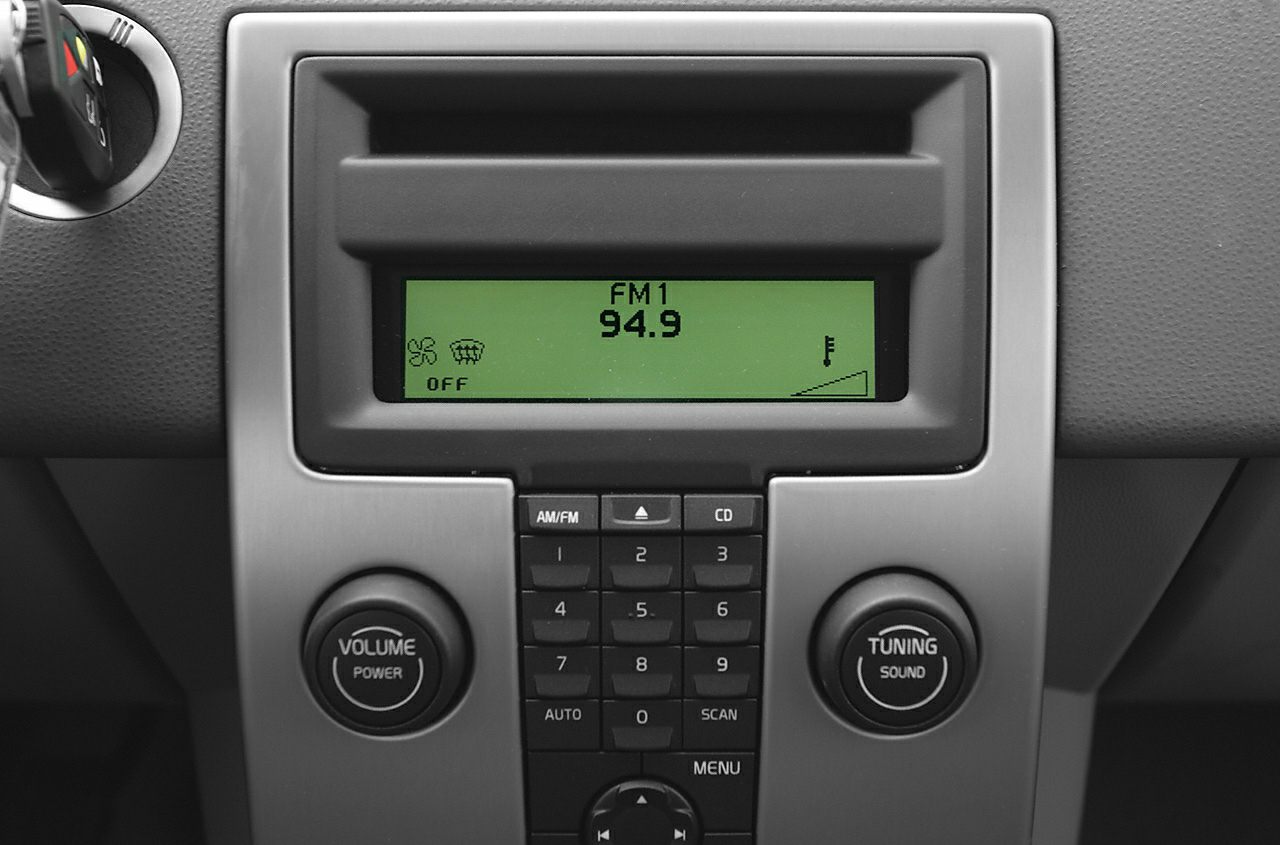 Radio and climate control panel with FM display and control knobs
