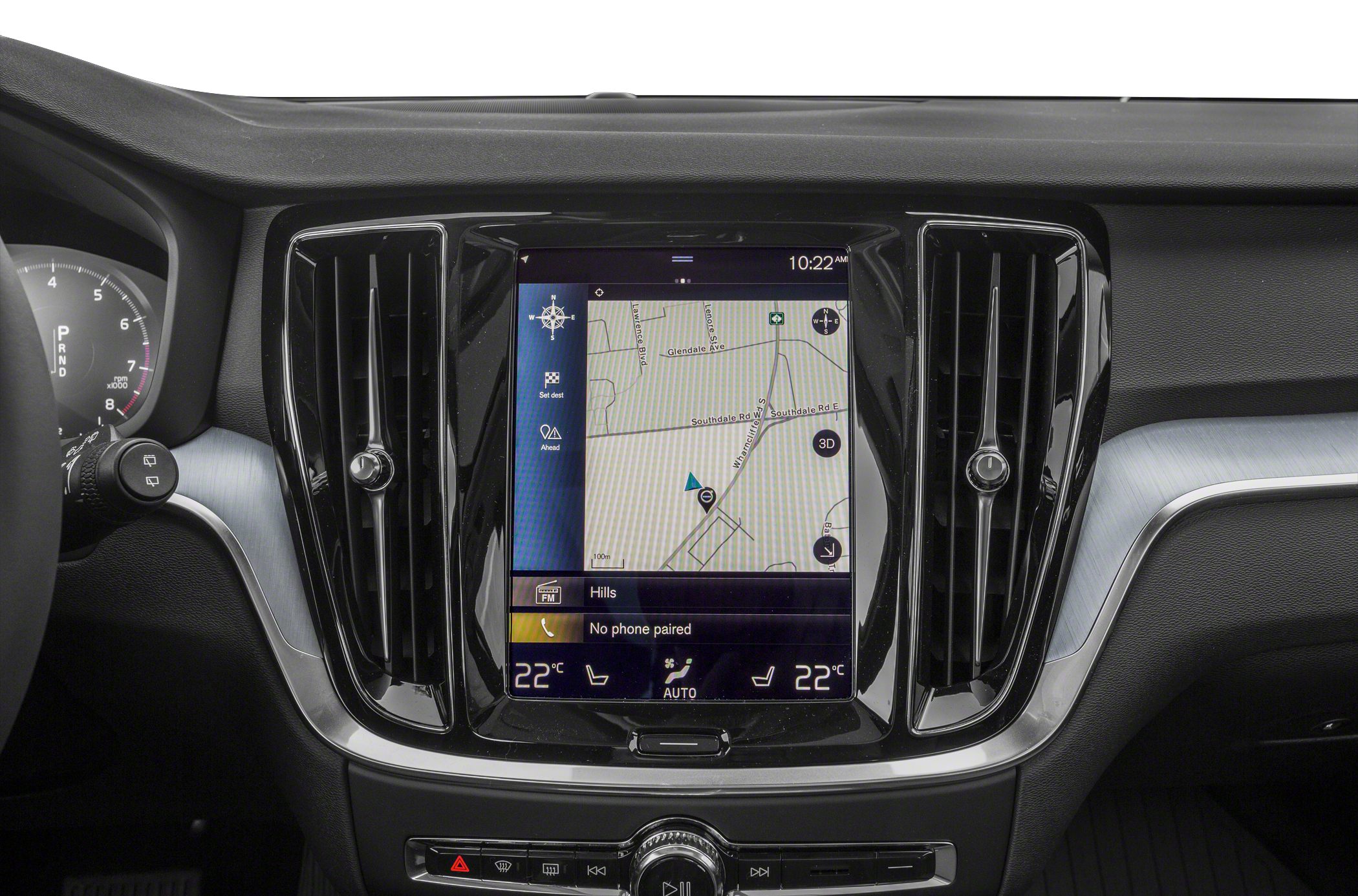 Central touchscreen with navigation and climate control.