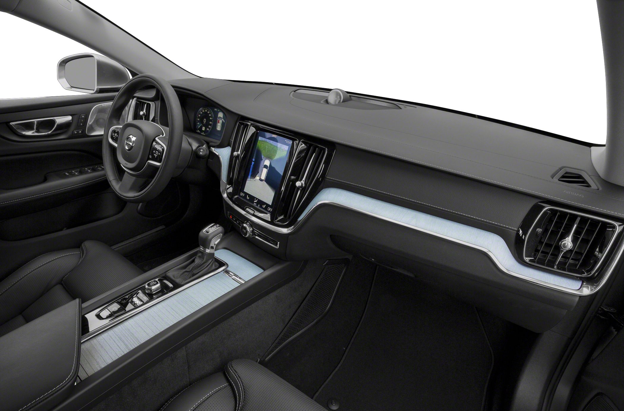 Modern car interior with digital cluster and touchscreen infotainment