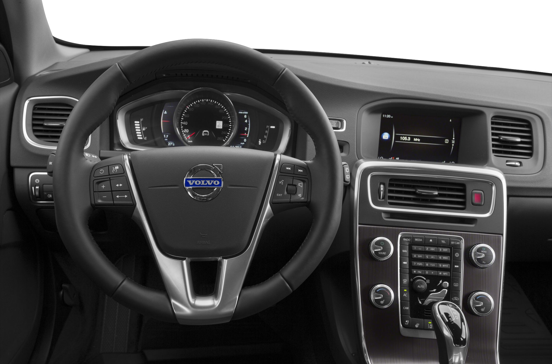 Steering wheel, dashboard, and central console with multimedia controls