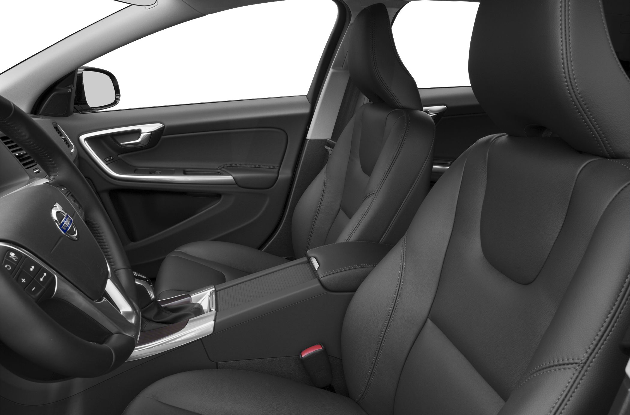 Luxury leather front seats and steering wheel interior close-up.