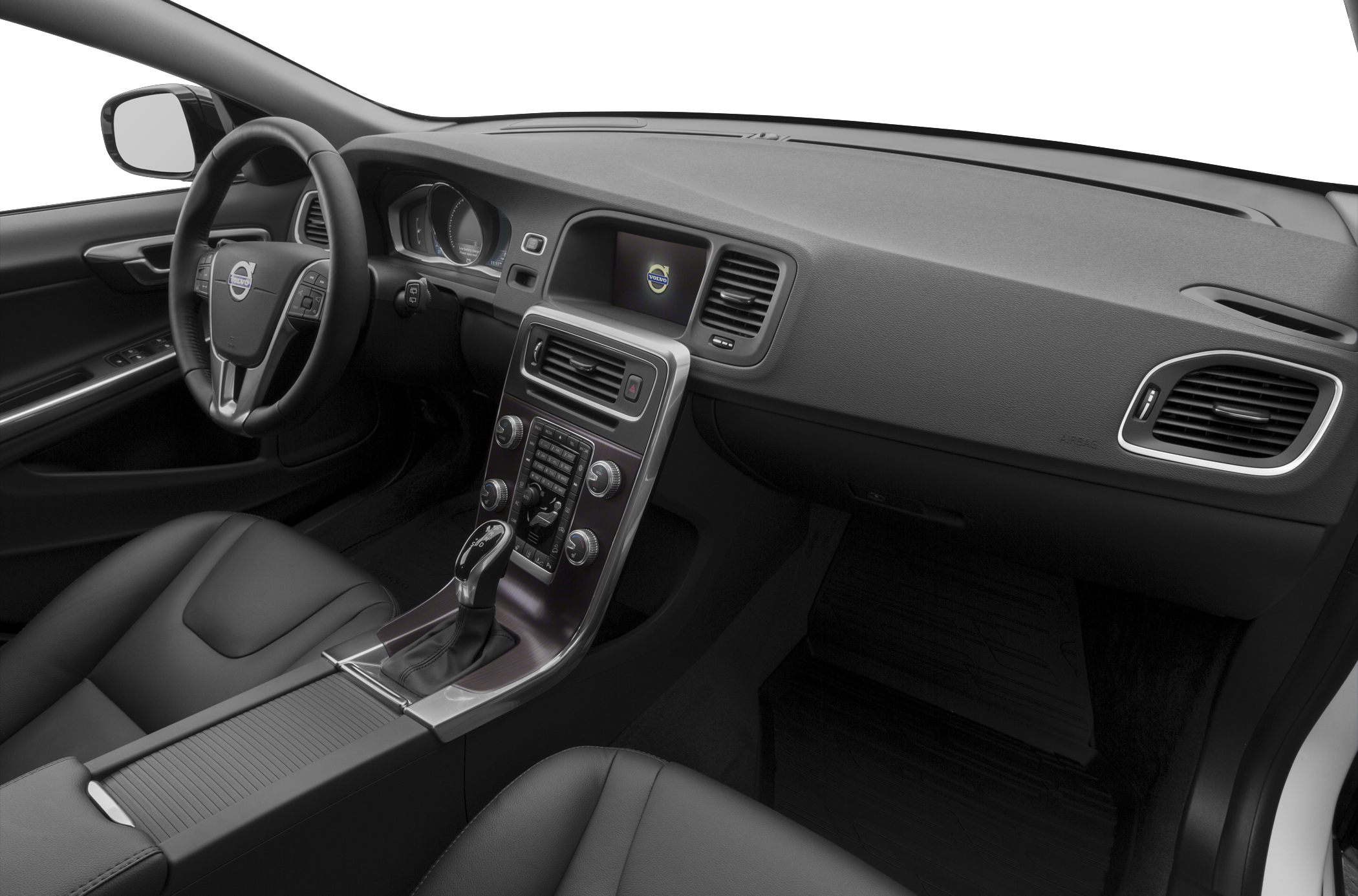 Interior dashboard and center console with steering wheel and gear lever