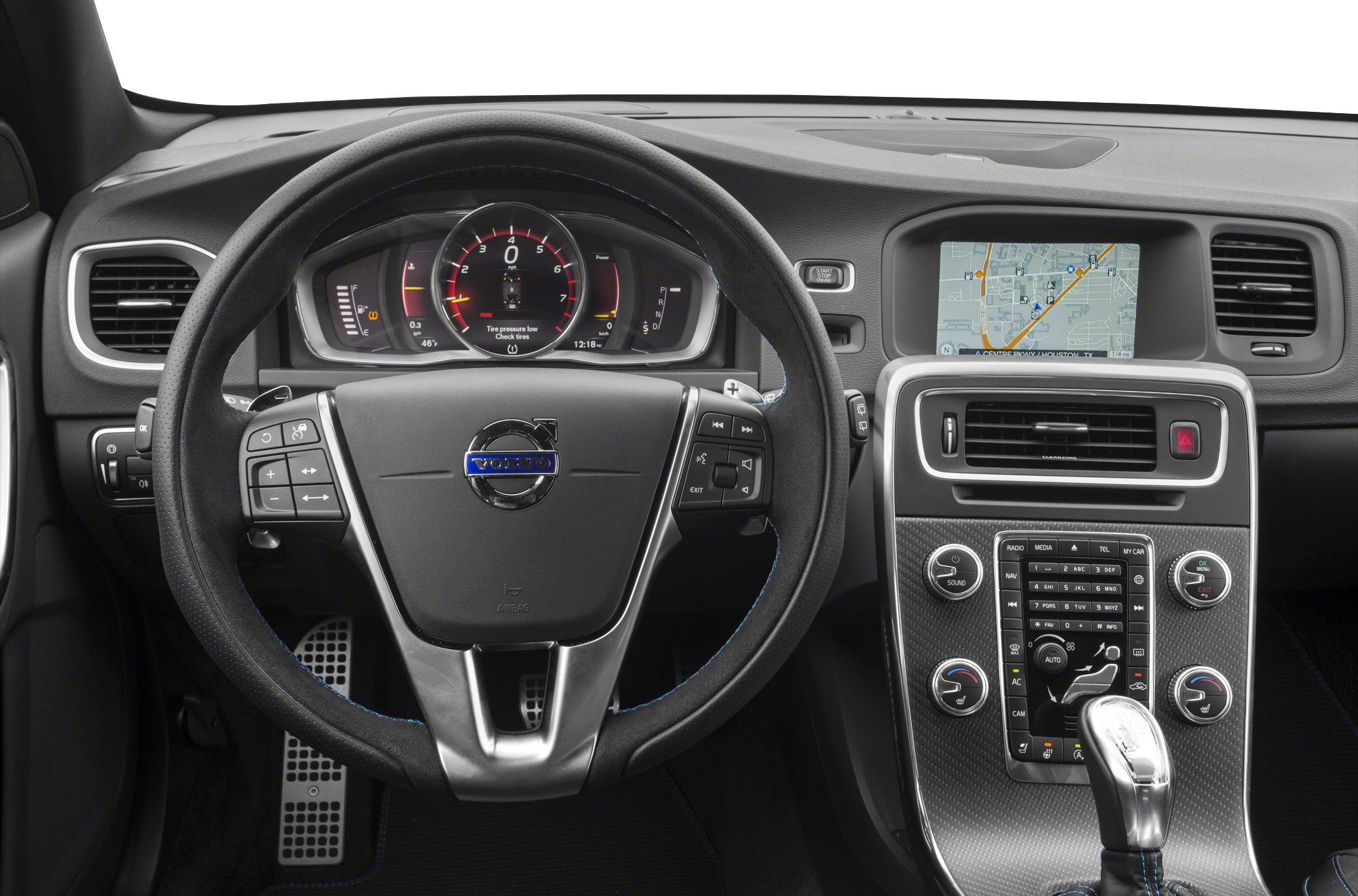 Digital dashboard, steering wheel controls, and center console with navigation
