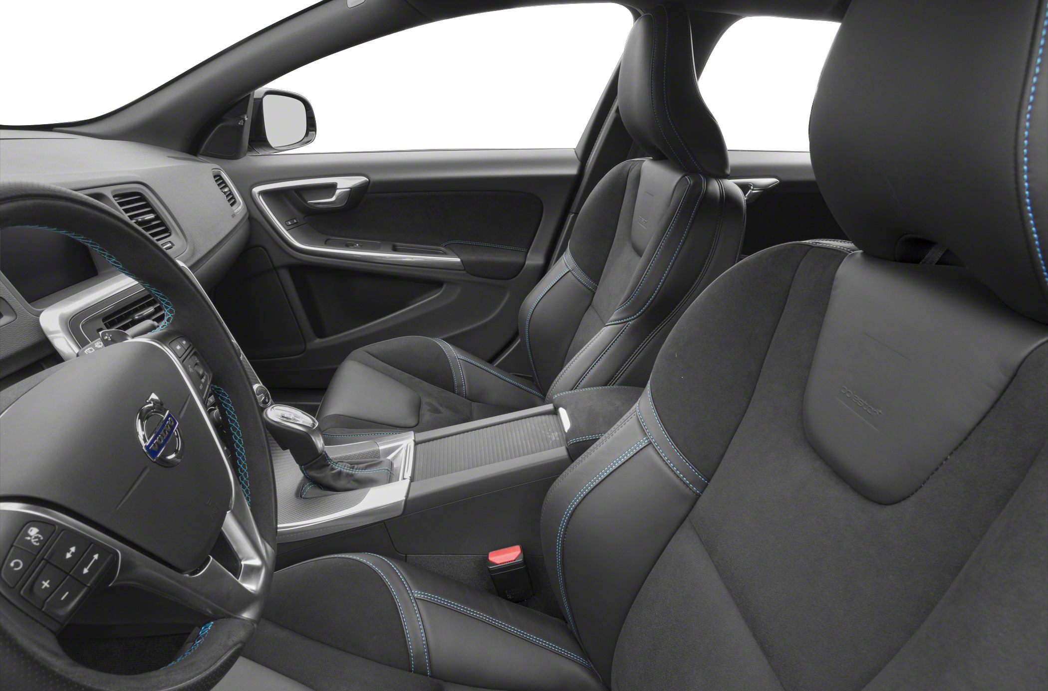 Sporty front seats with blue stitching and modern dashboard