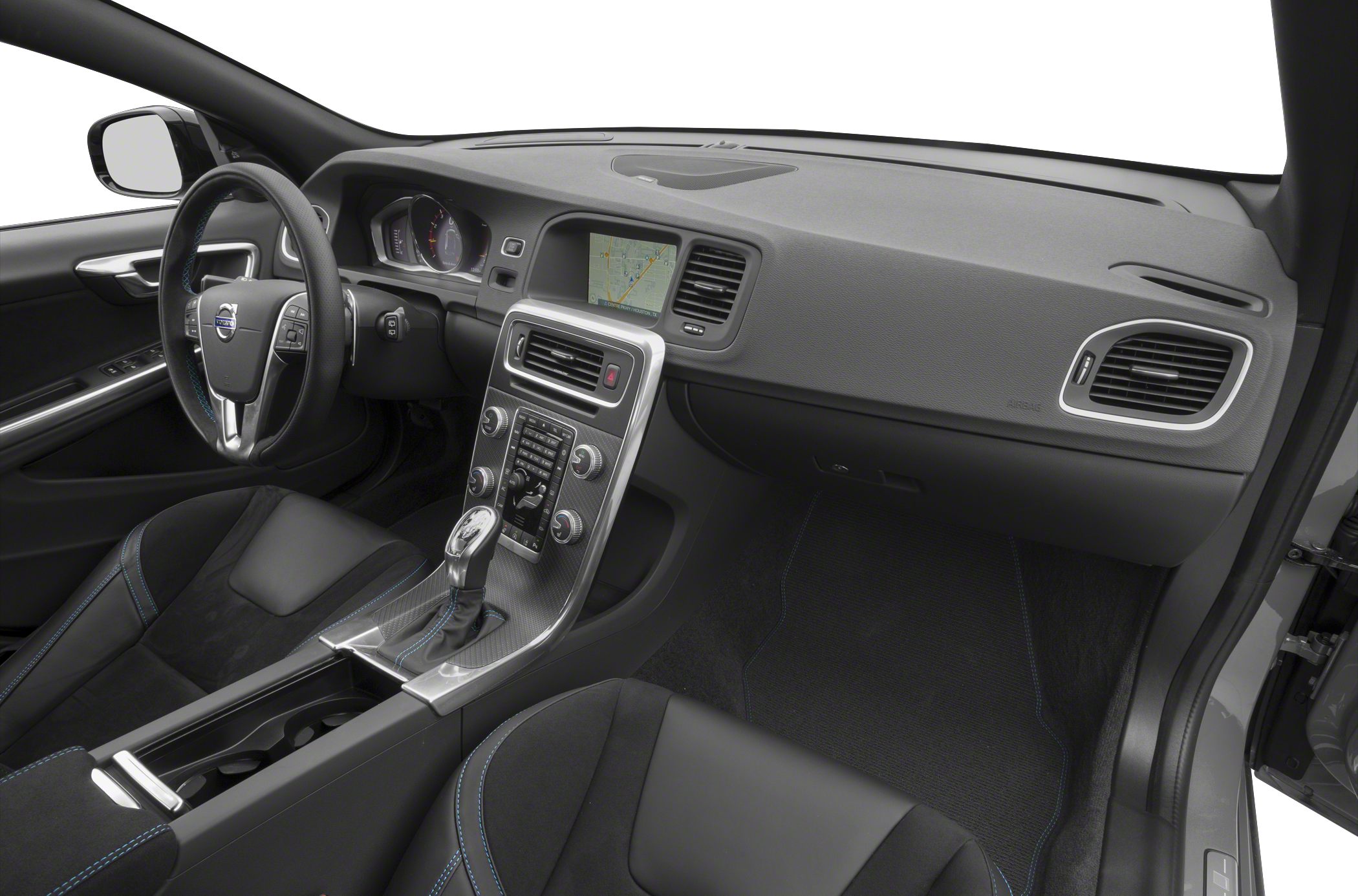 Dashboard and center console with navigation screen and gear shift