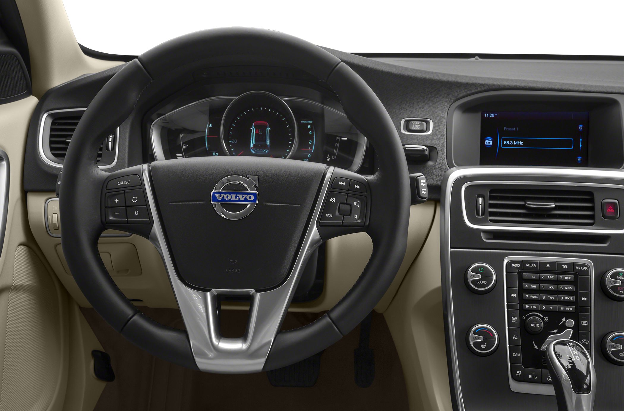 Steering wheel, digital instrument cluster, and central dashboard controls