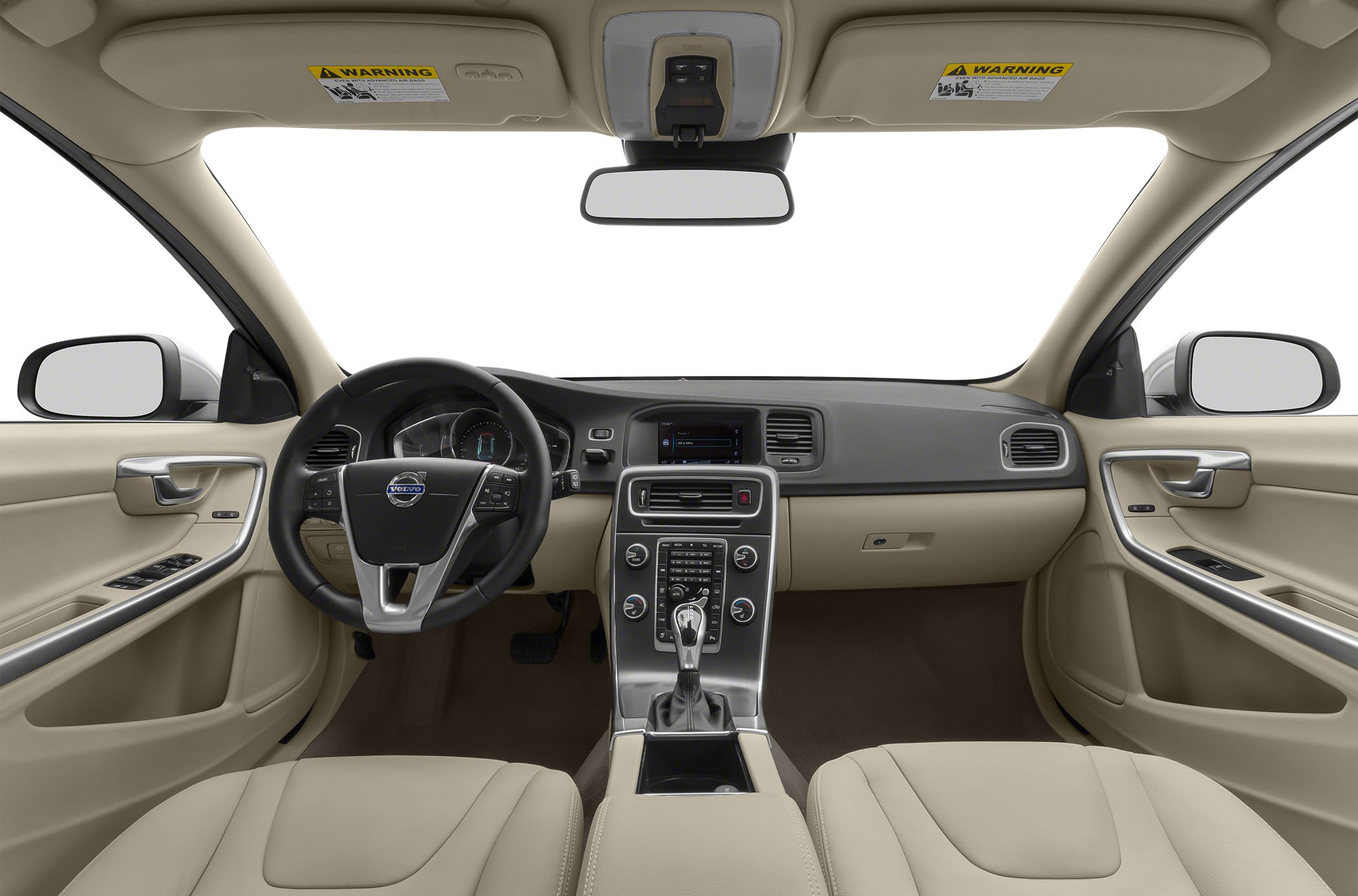 Beige interior with steering wheel, dashboard, and center console design.