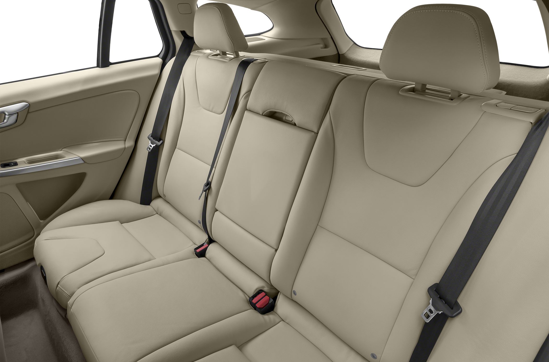 Beige leather rear seat with seat belts and headrests