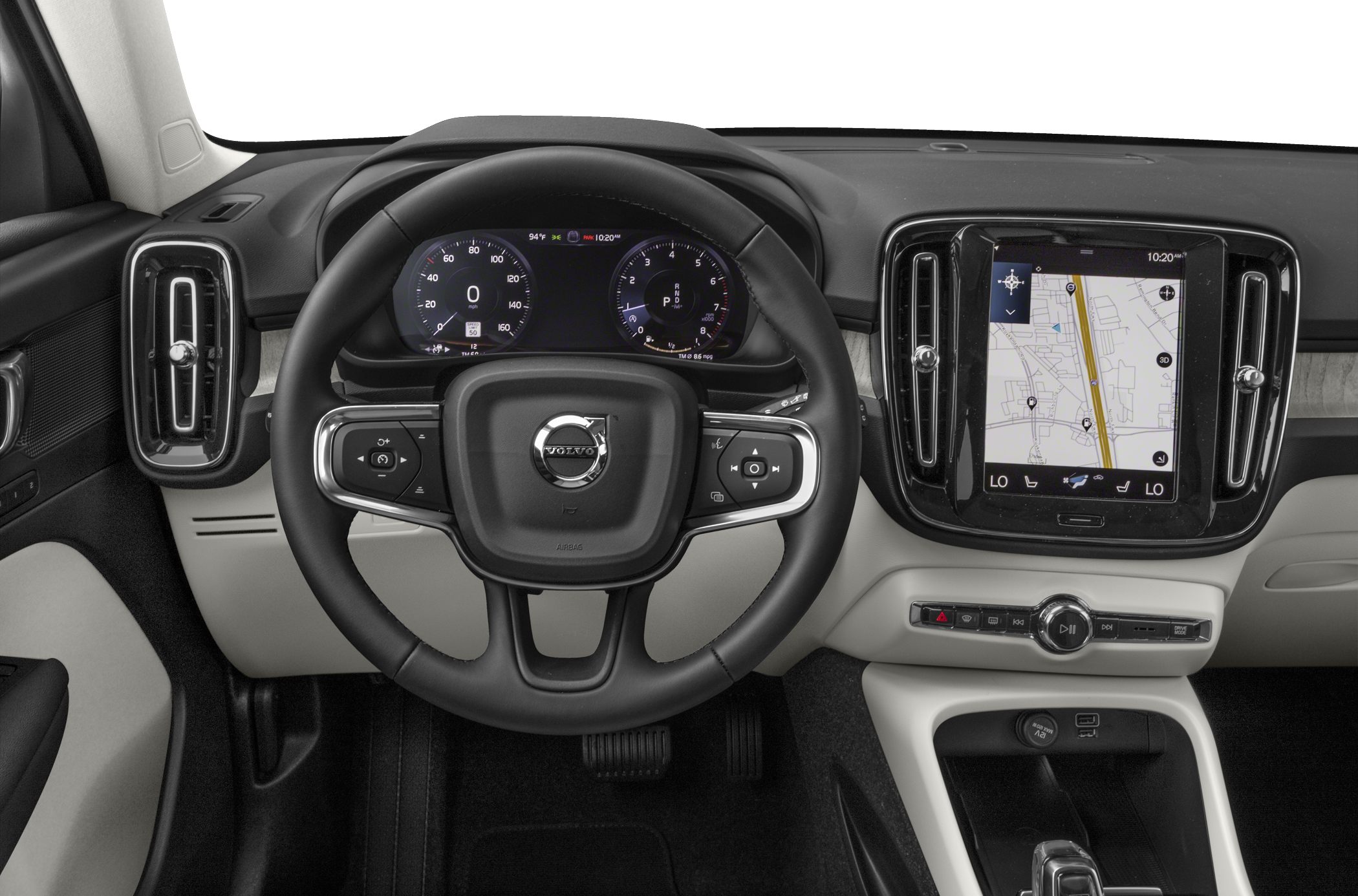 Digital instrument cluster and touchscreen navigation system inside a modern vehicle interior