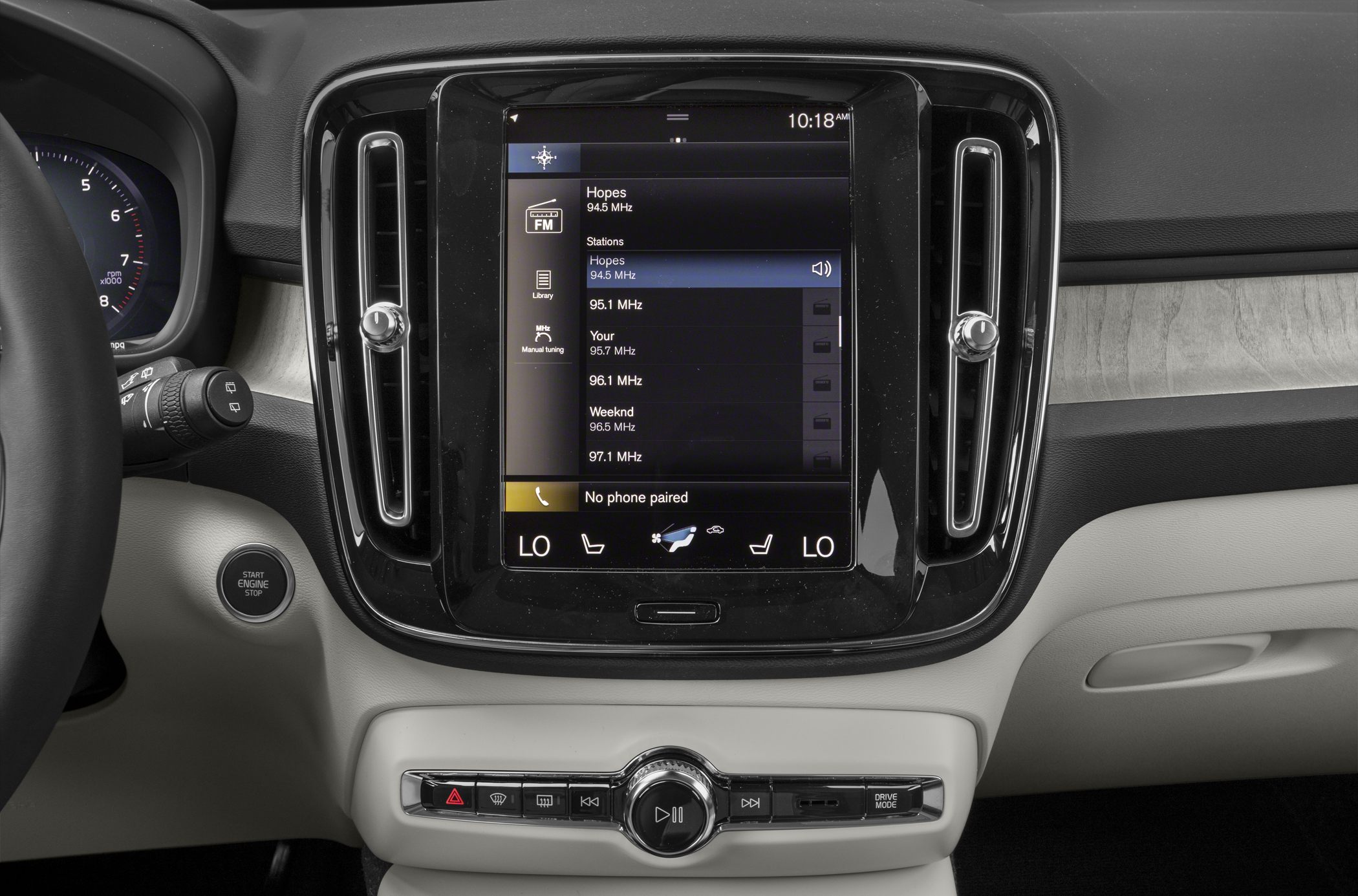 Touchscreen infotainment display with digital climate control and media buttons