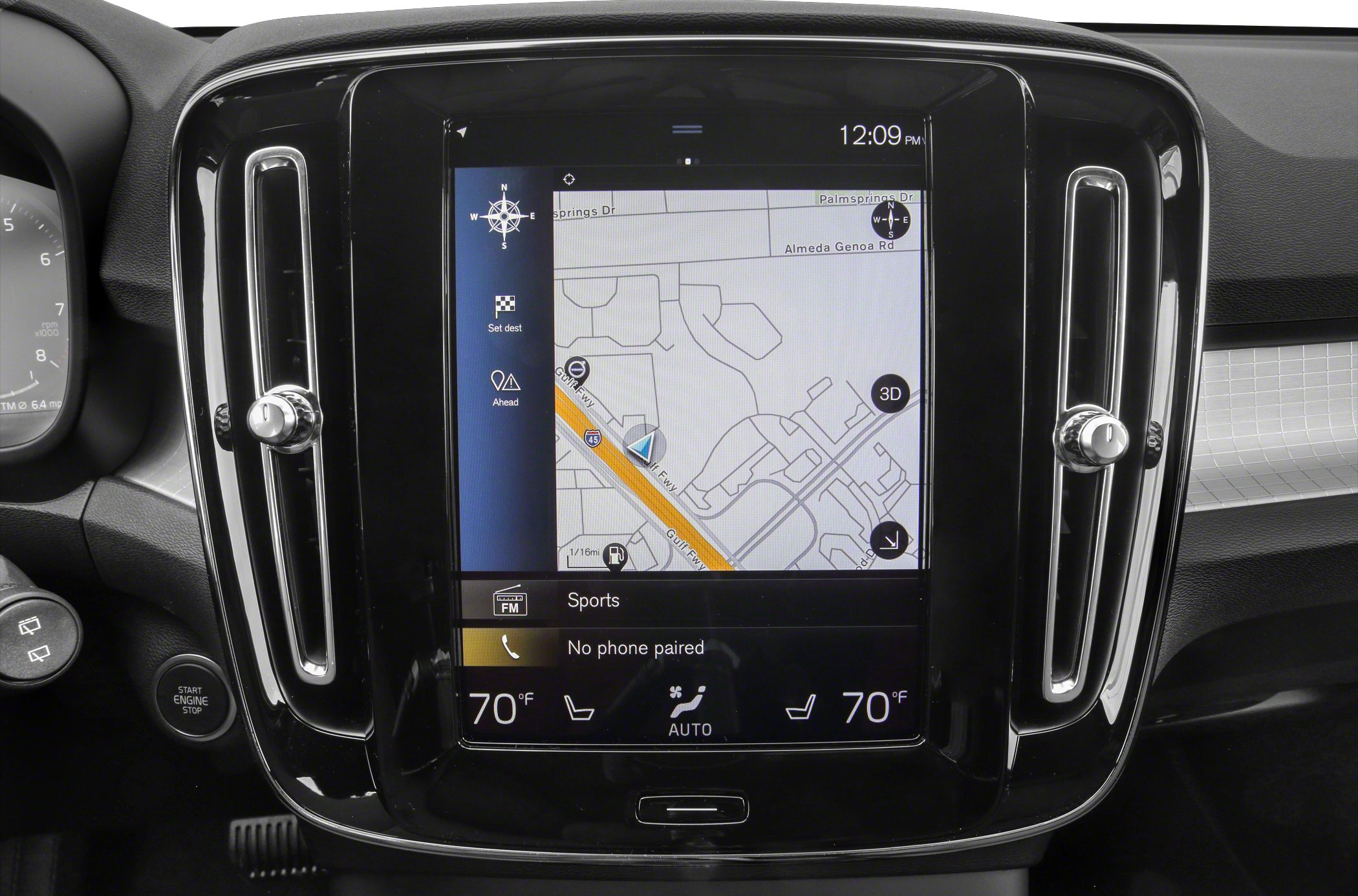Touchscreen infotainment with navigation map and dual-zone climate control panel