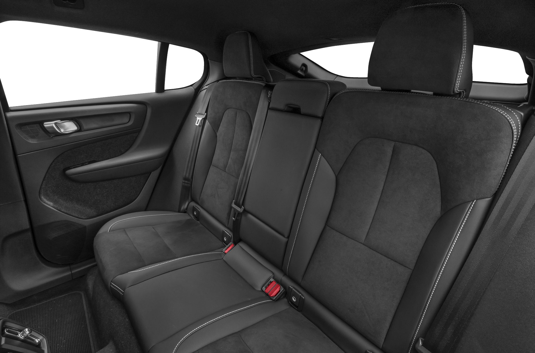 Black leather and suede rear seating with white stitching and seat belts