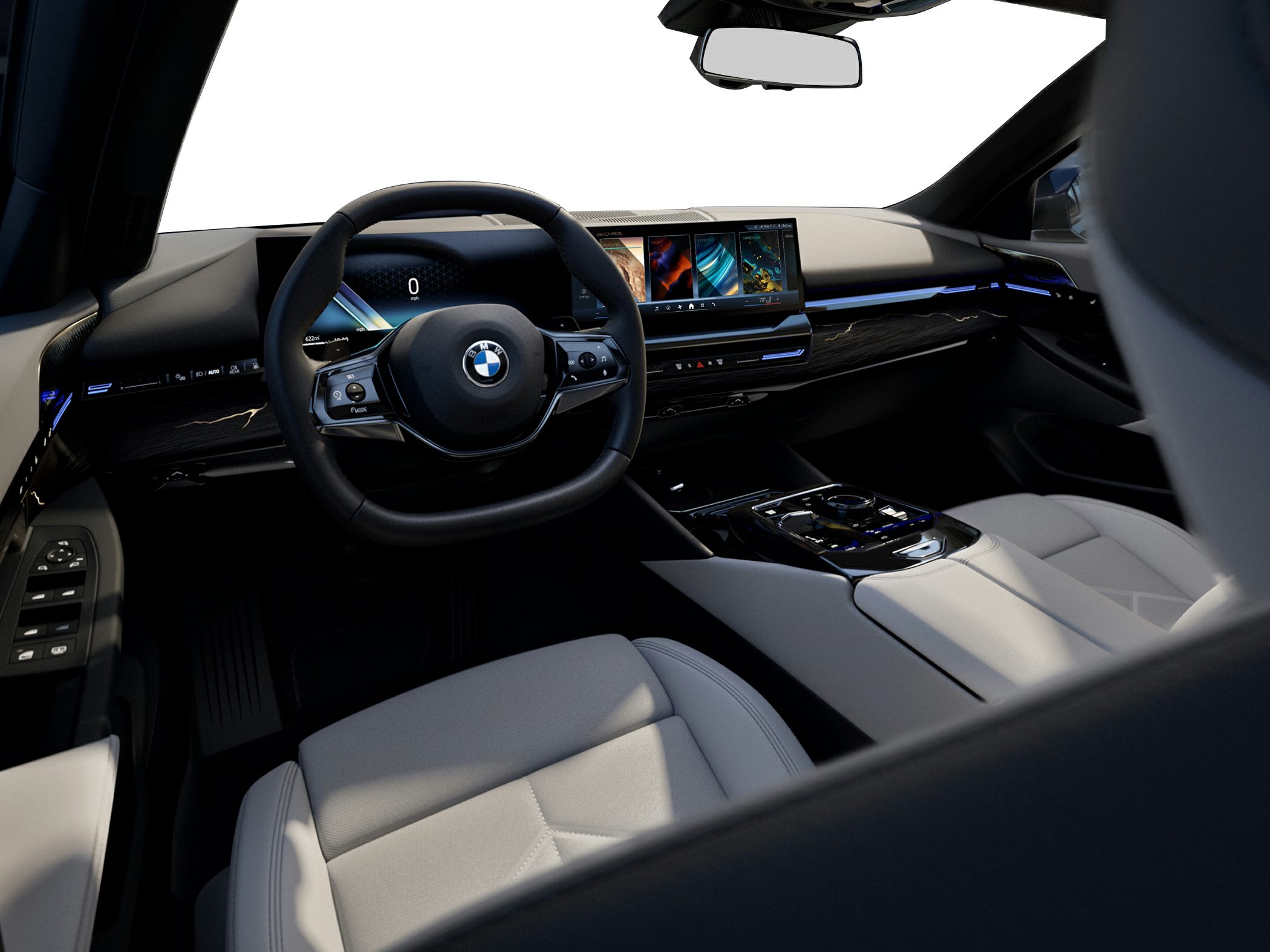 Digital dashboard and multifunction steering wheel in luxury sedan interior