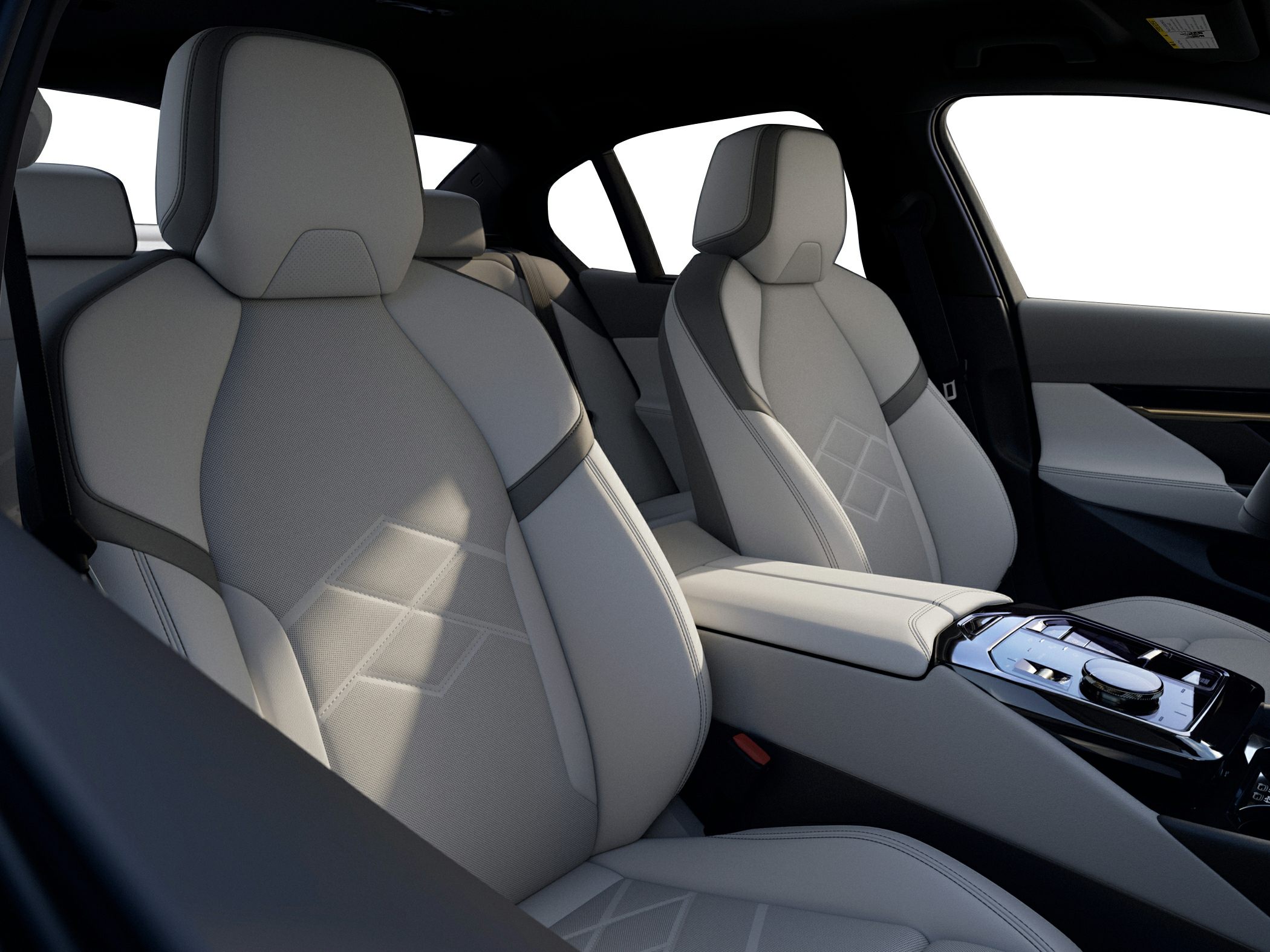 Luxury front seats and center console controls in a modern car interior