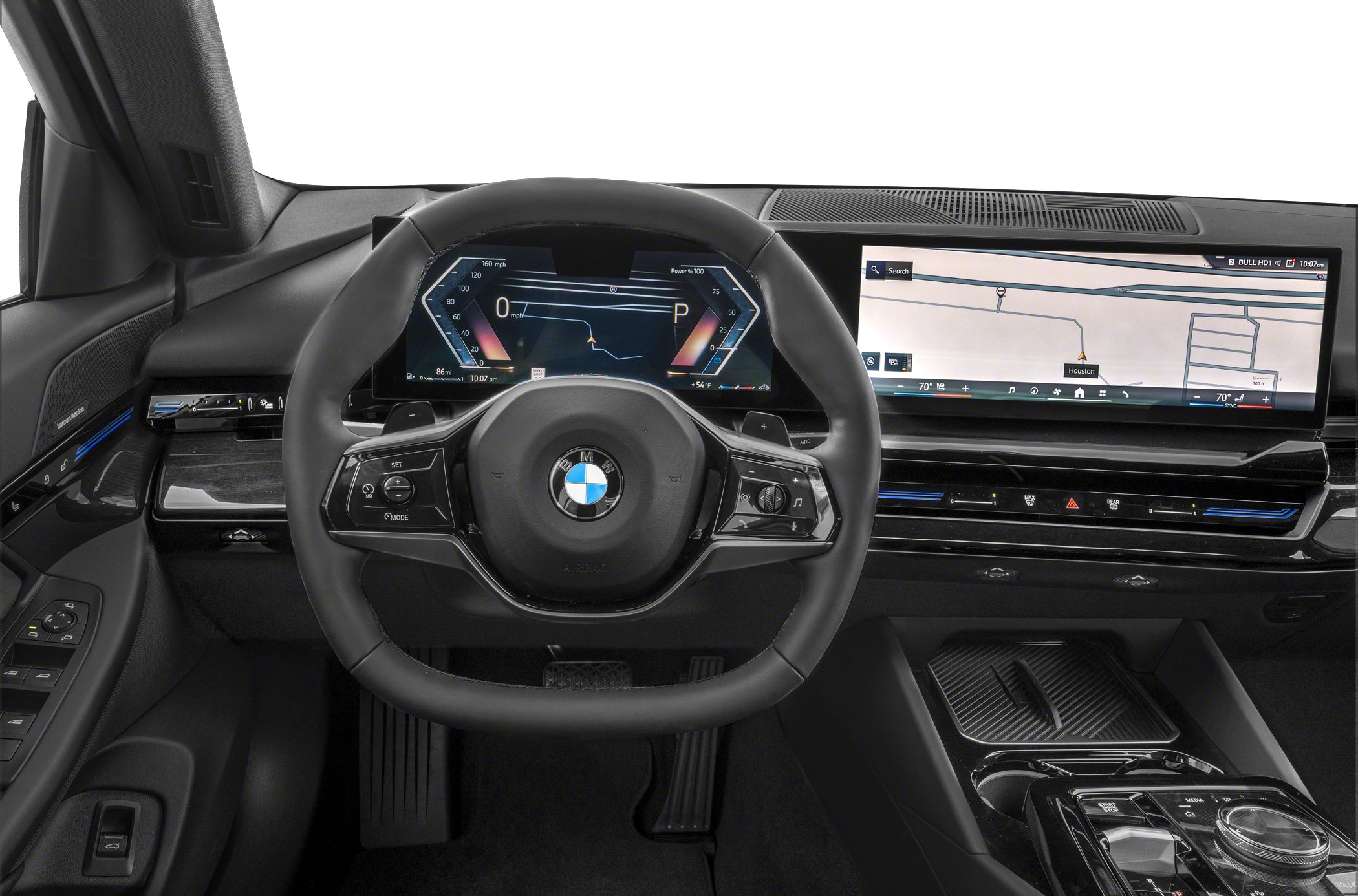Digital instrument cluster and widescreen infotainment system in luxury car interior