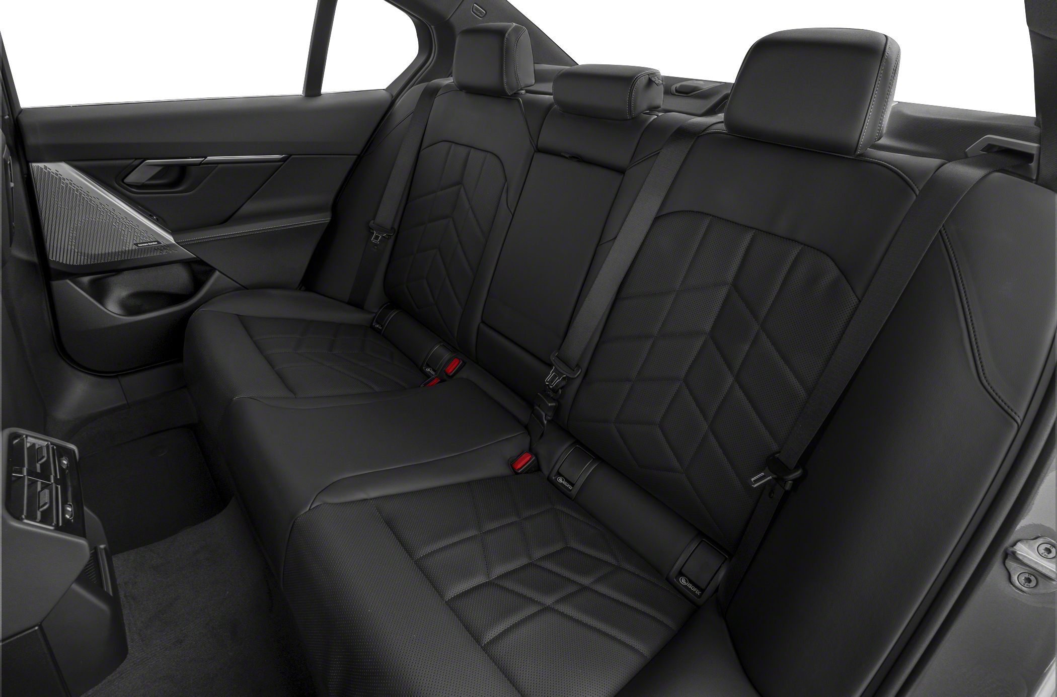 Black leather rear seats with detailed stitching and integrated headrests.