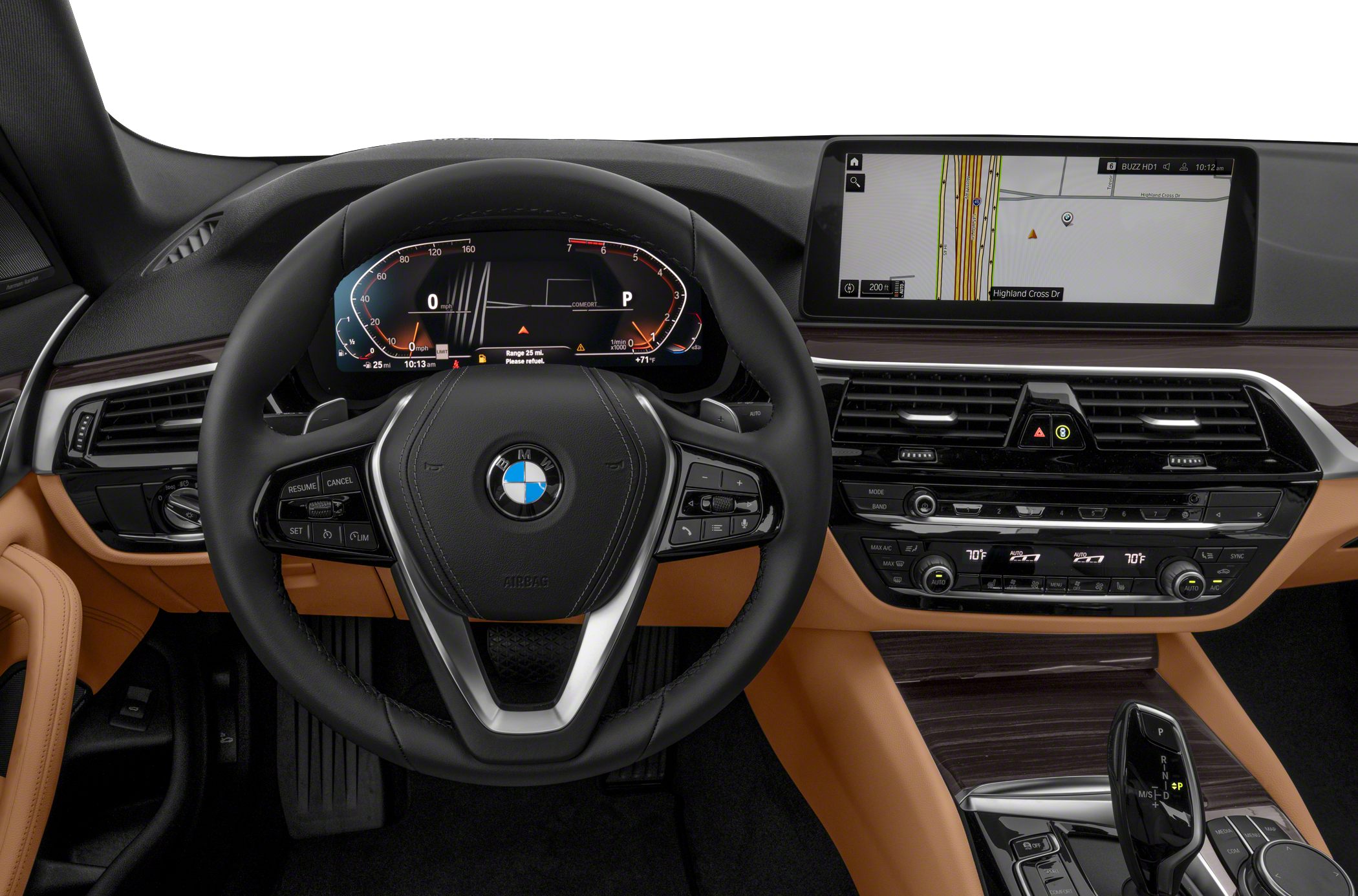 Digital instrument cluster and infotainment system with control buttons.
