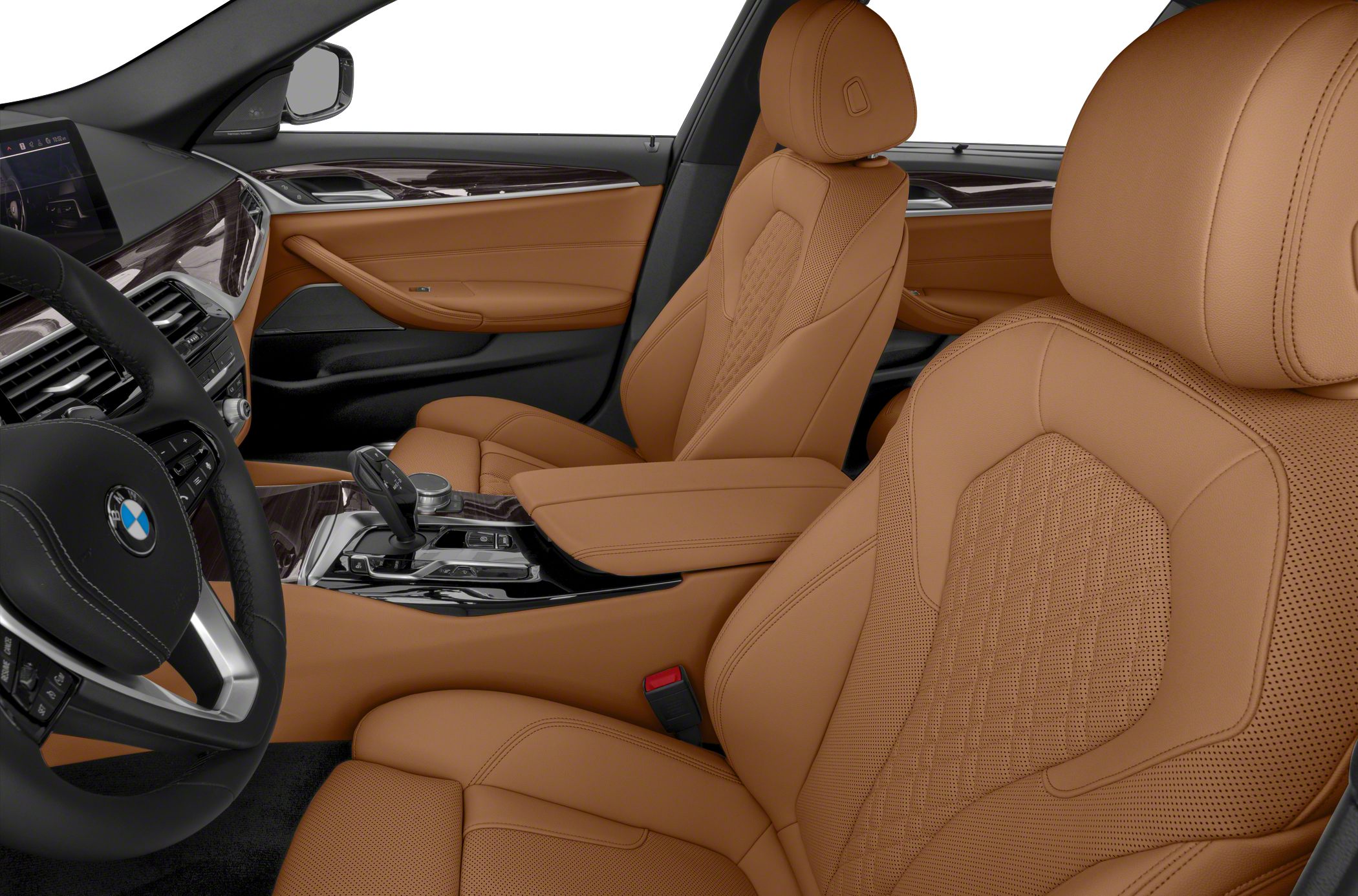 Luxury brown leather seats and a refined dashboard with modern controls.