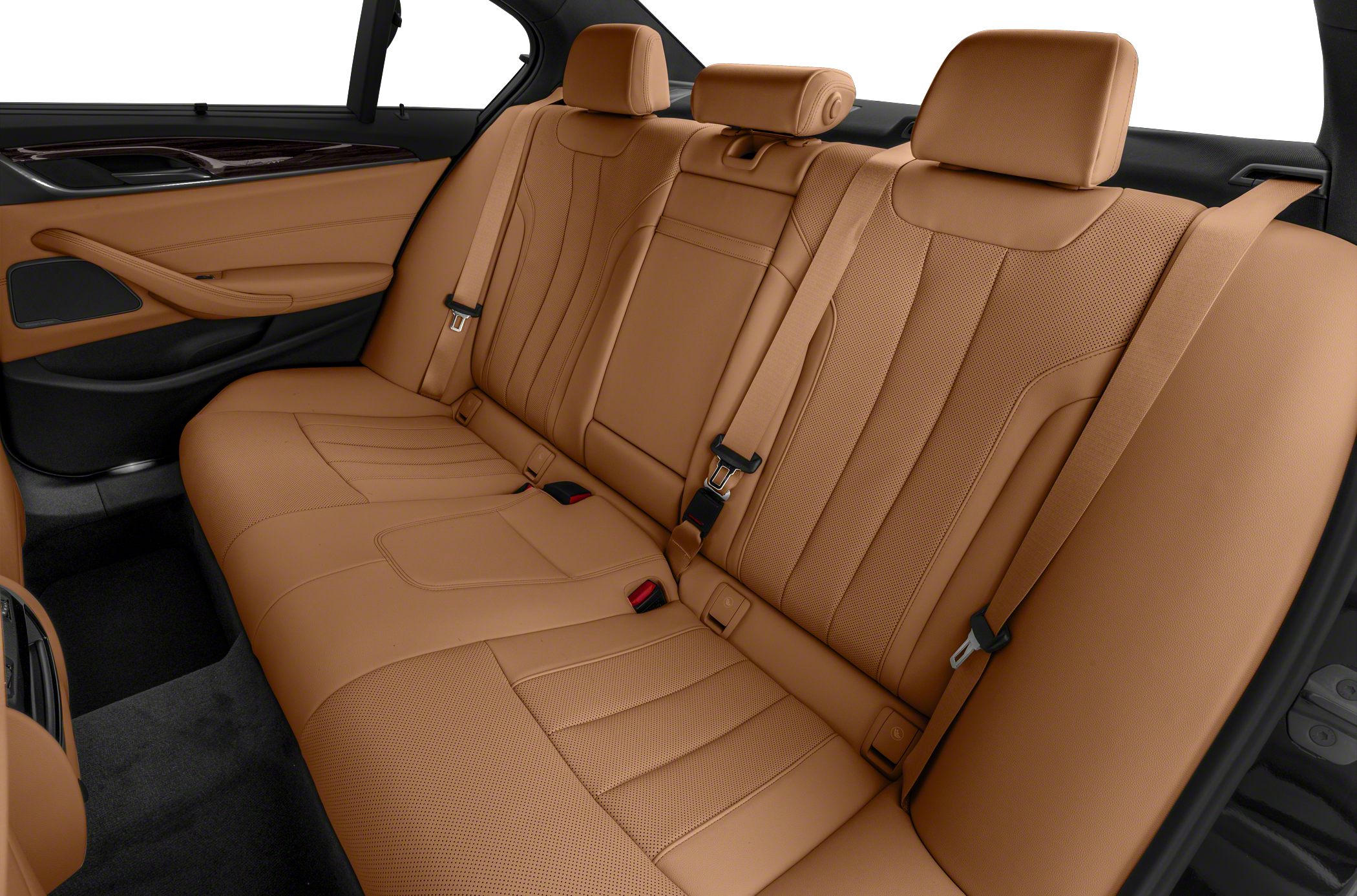 Tan leather rear seats with integrated headrests and seatbelts