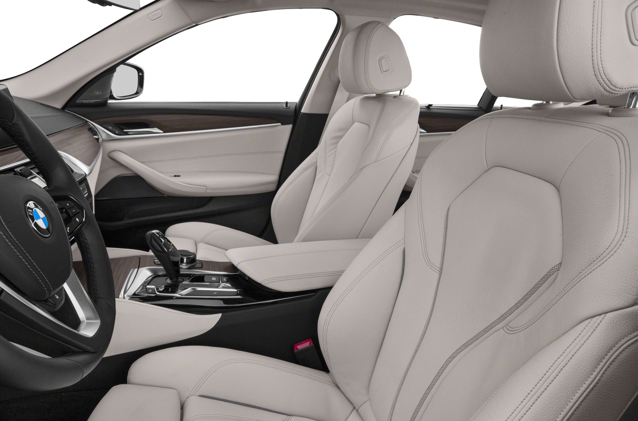 Premium beige leather seats with wood-trimmed interior and modern car controls