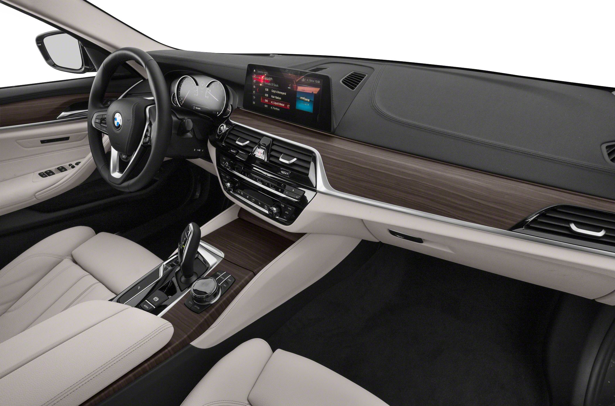 Modern dashboard with infotainment display and wood trim interior.