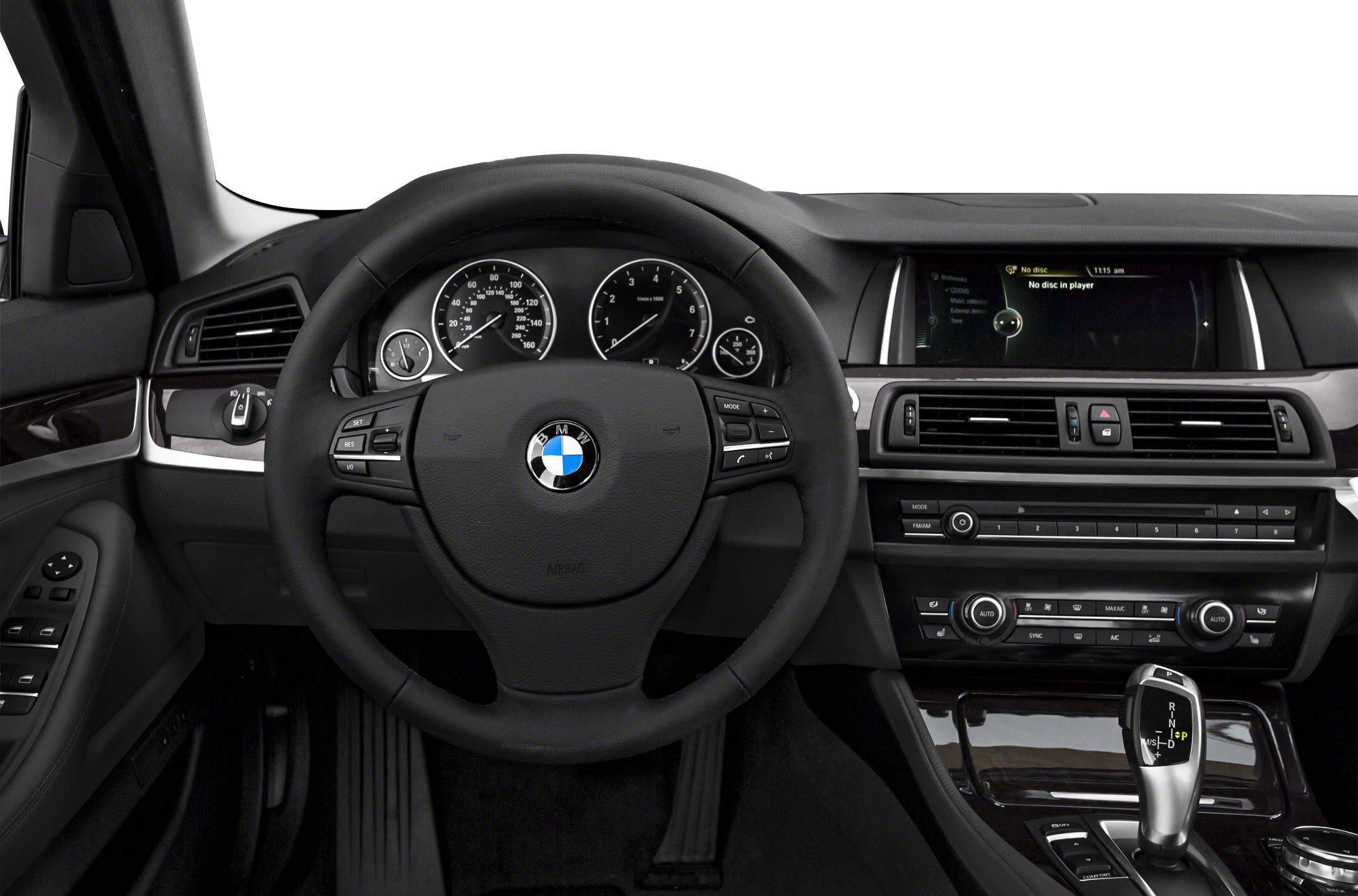 Multifunction steering wheel, dashboard with dials, gear selector
