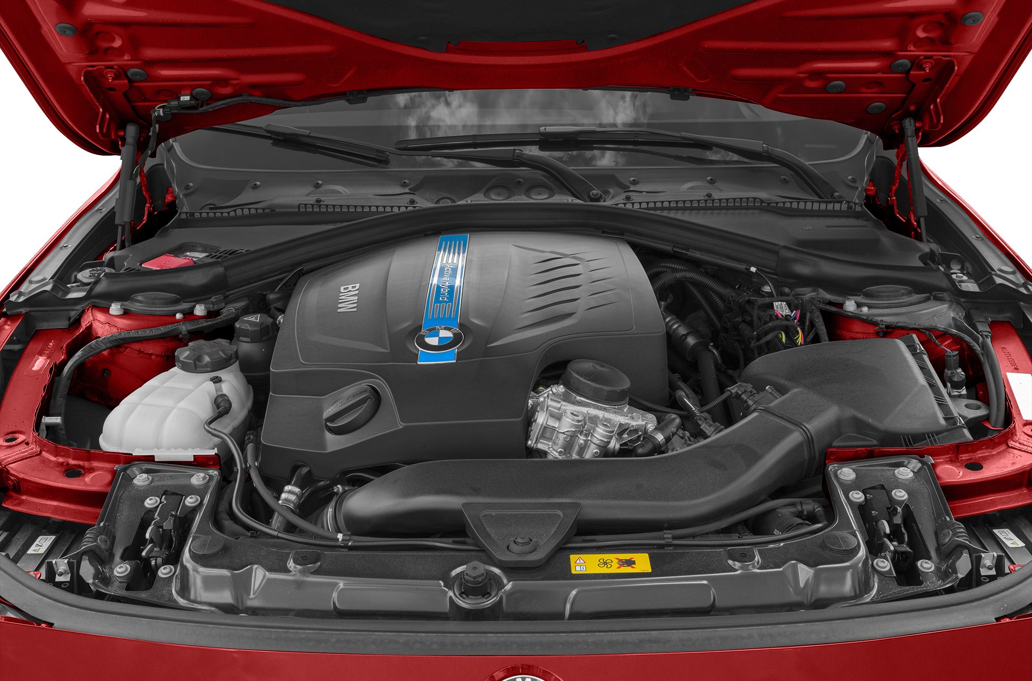 Engine bay with BMW hybrid powertrain cover and components