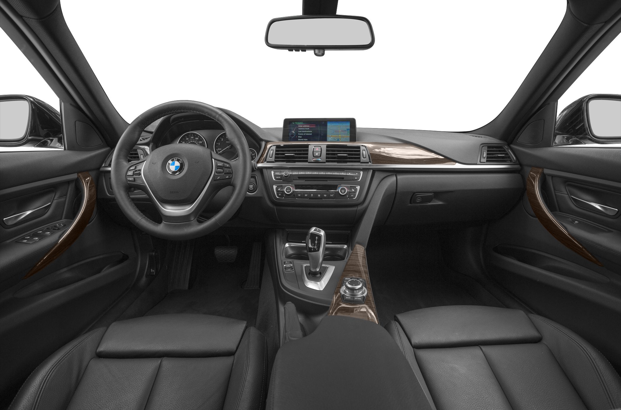 Luxury car interior with leather steering wheel and infotainment dashboard