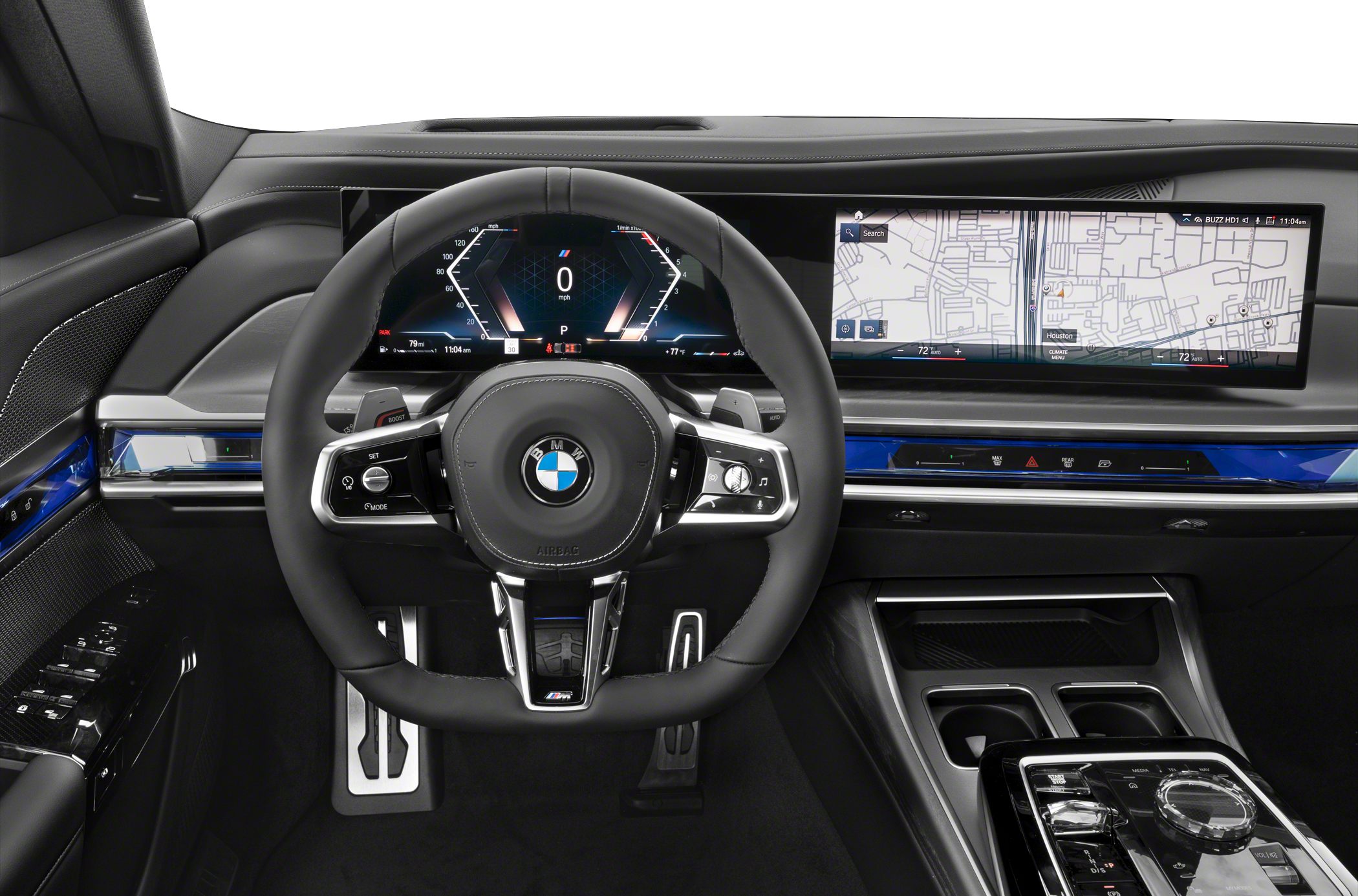 Digital instrument cluster and wide touchscreen infotainment in luxury car interior