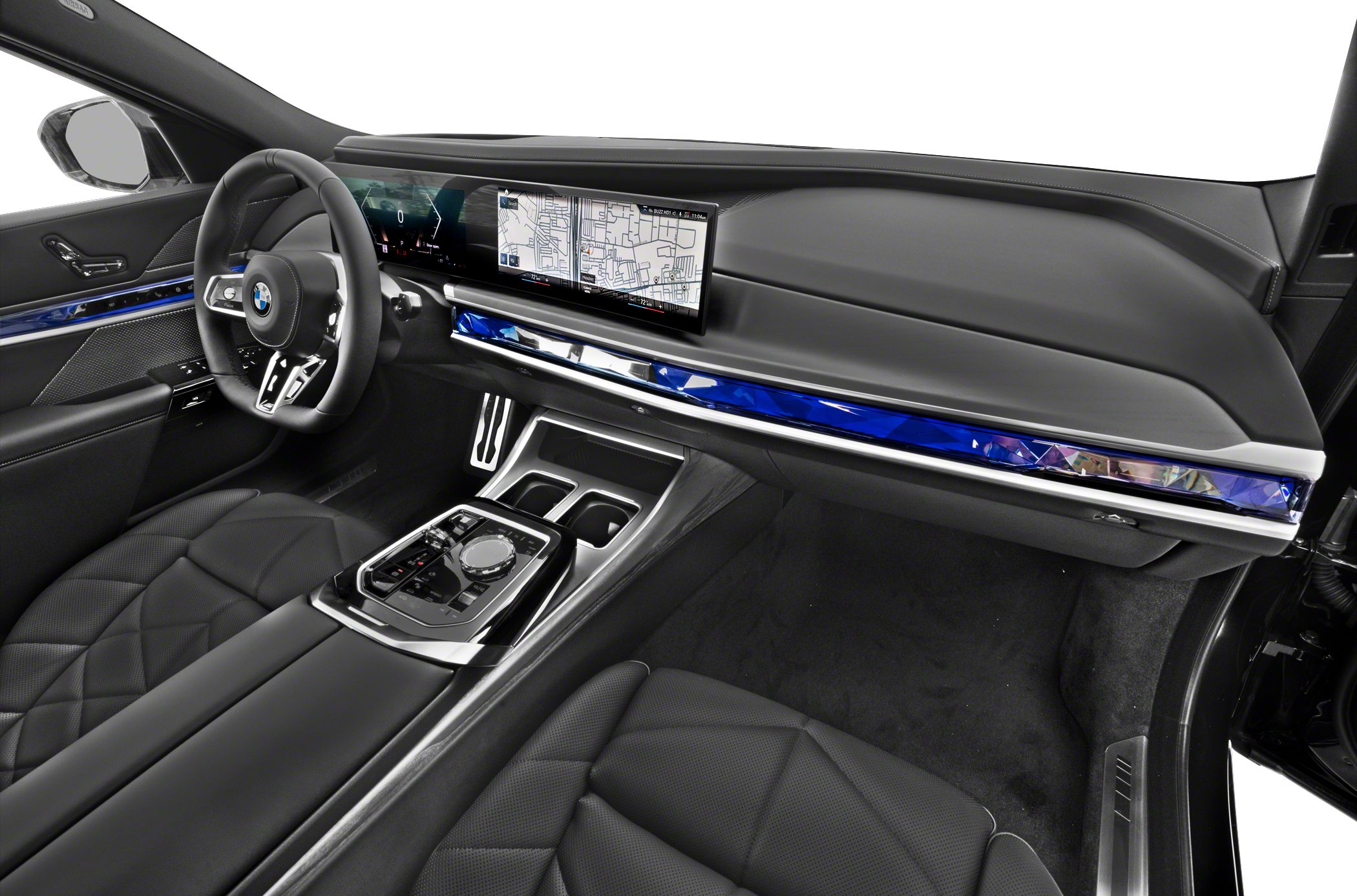Luxury car interior with dual-screen display and quilted leather seats