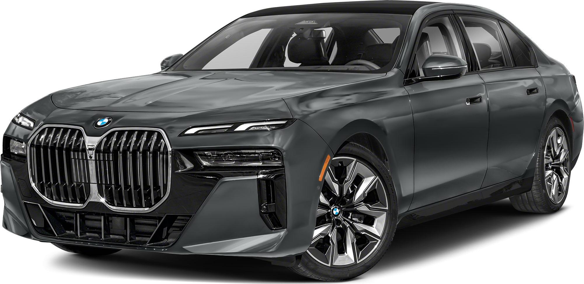 Large kidney grille, sleek LED headlights, luxury sedan front-side view