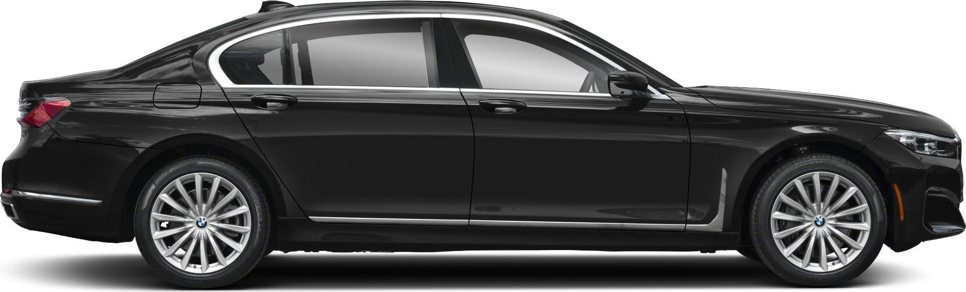 Side profile of sleek luxury sedan with chrome trim and multi-spoke rims
