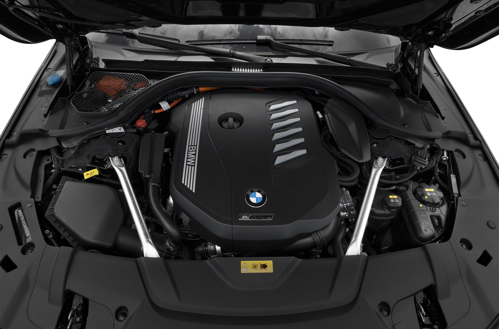 Engine bay with eDrive hybrid powertrain and structural brace.