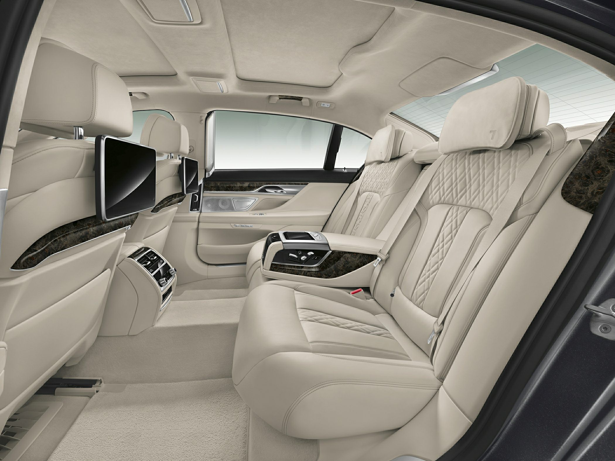 Luxury rear seats with leather upholstery and dual rear entertainment screens