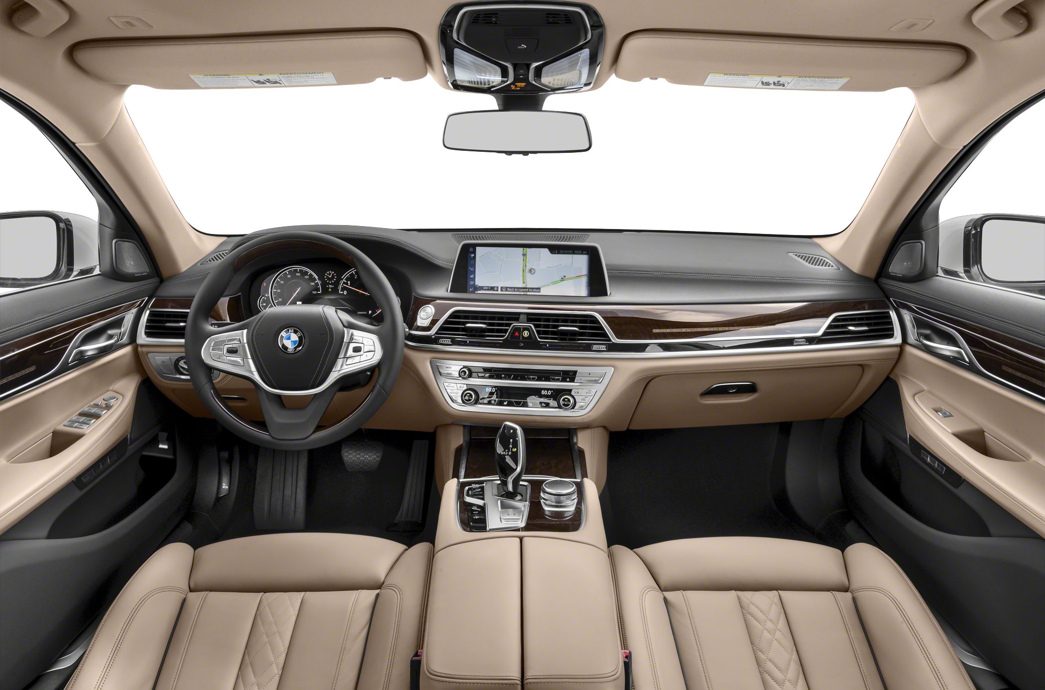 Luxury dashboard, leather seats, wood trim, modern infotainment