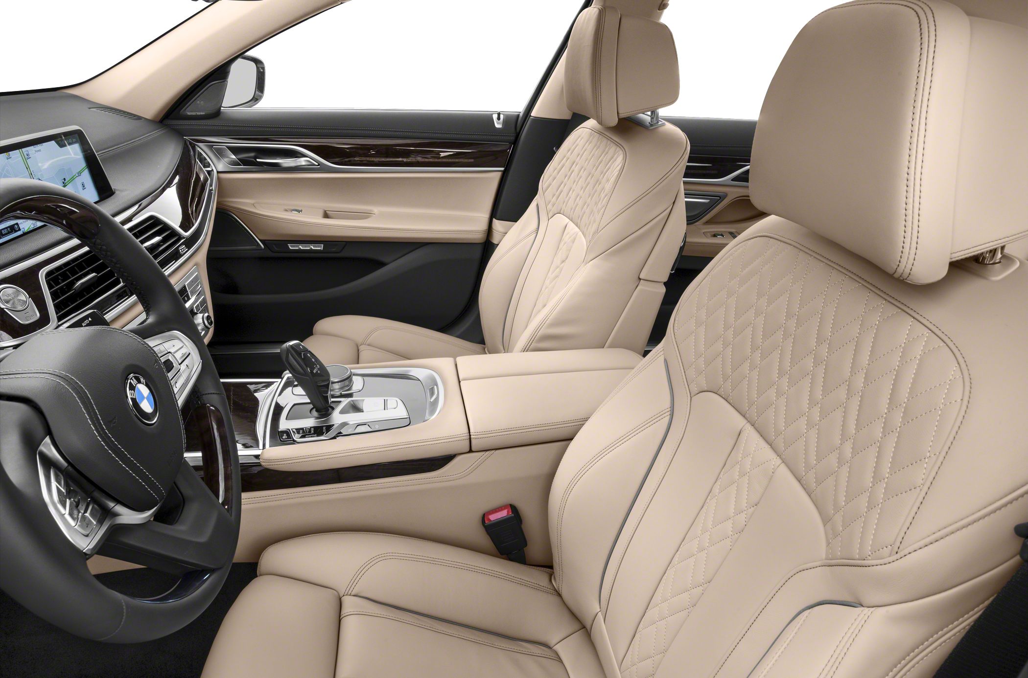 Luxury beige leather seats with diamond stitching and wood trim interior